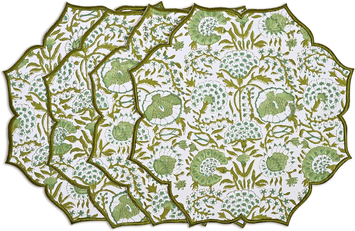 CPC Agate Green Block Print Cotton Floral Placemat 15x15 Inch, Set of 4