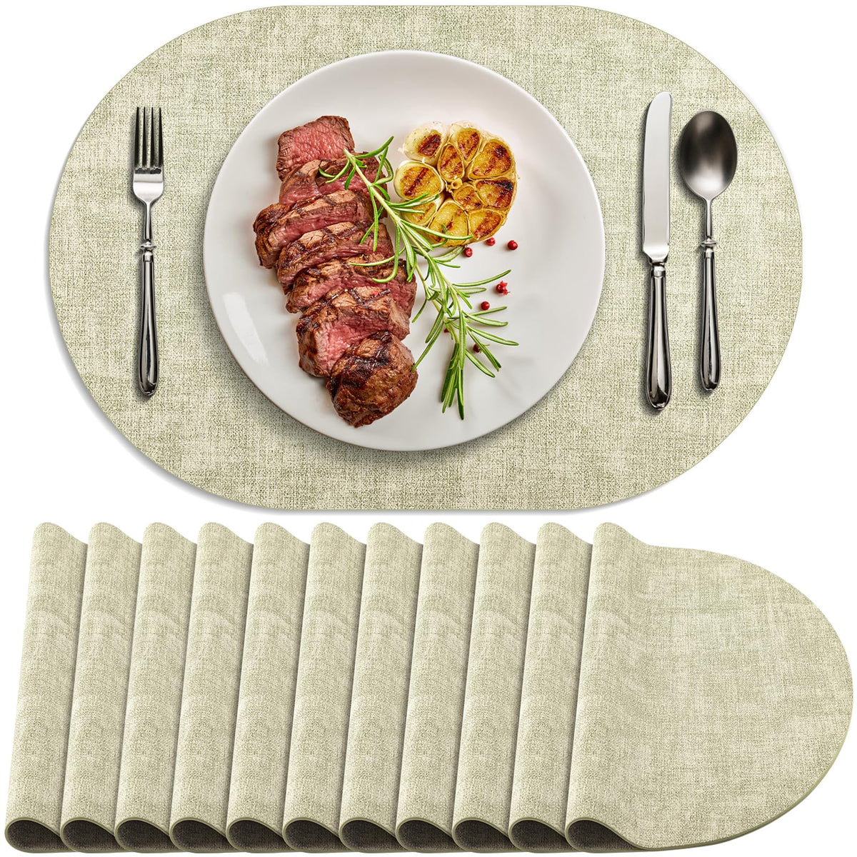 Placemats for Dining Table Set of 8 Non-Slip, Heat Resistant Oval Leather Placemat Double Layer, Waterproof Table Mats Easy to Clean for Kitchen Dining Room Coffee Office Table, Beige