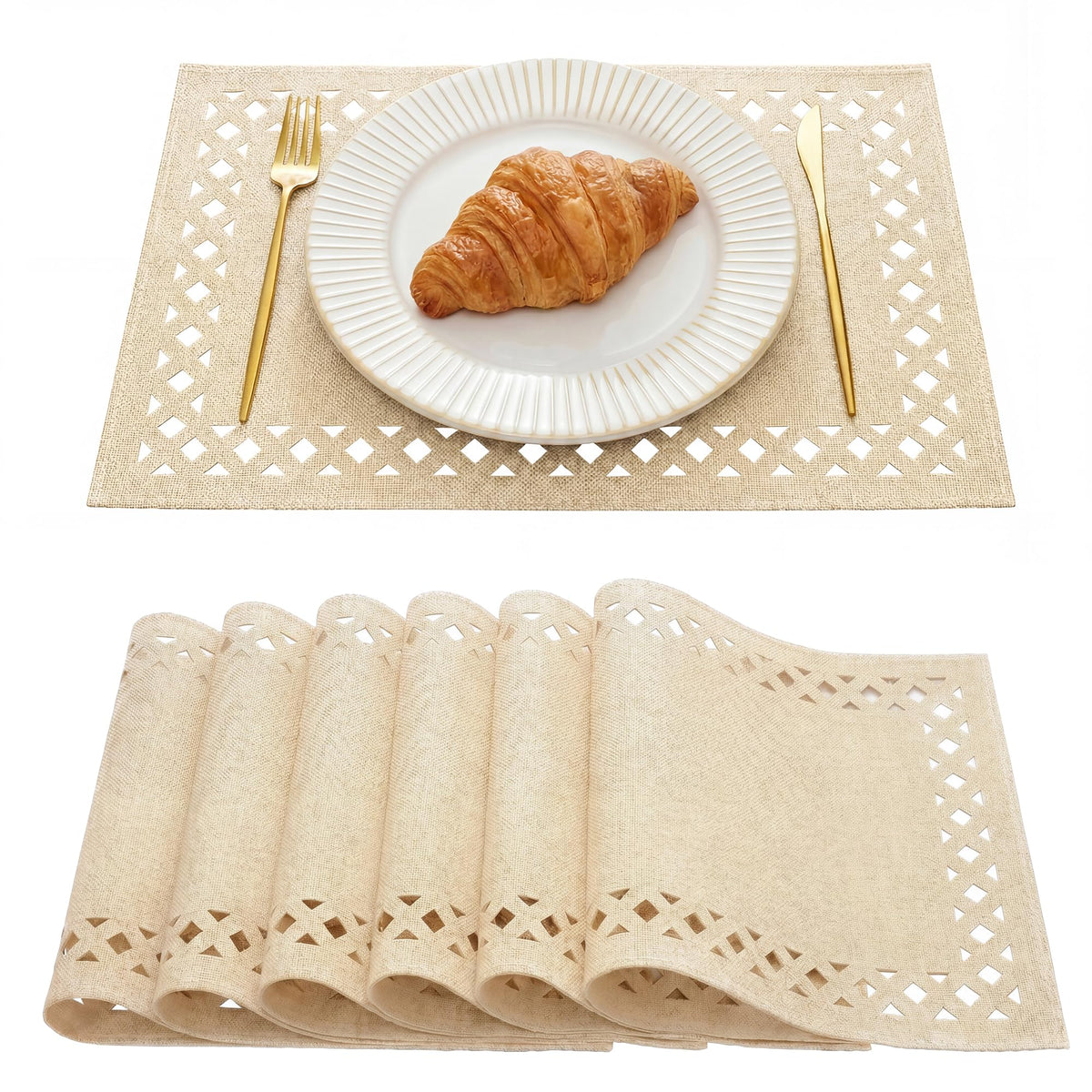 Artoid Mode Farmhouse Placemats Set of 4, Linen Textured Lattice Cutwork Place Mats for Kitchen Dining Table Decor and Outdoor Party, 12 x 18 Inchs, Sage Green