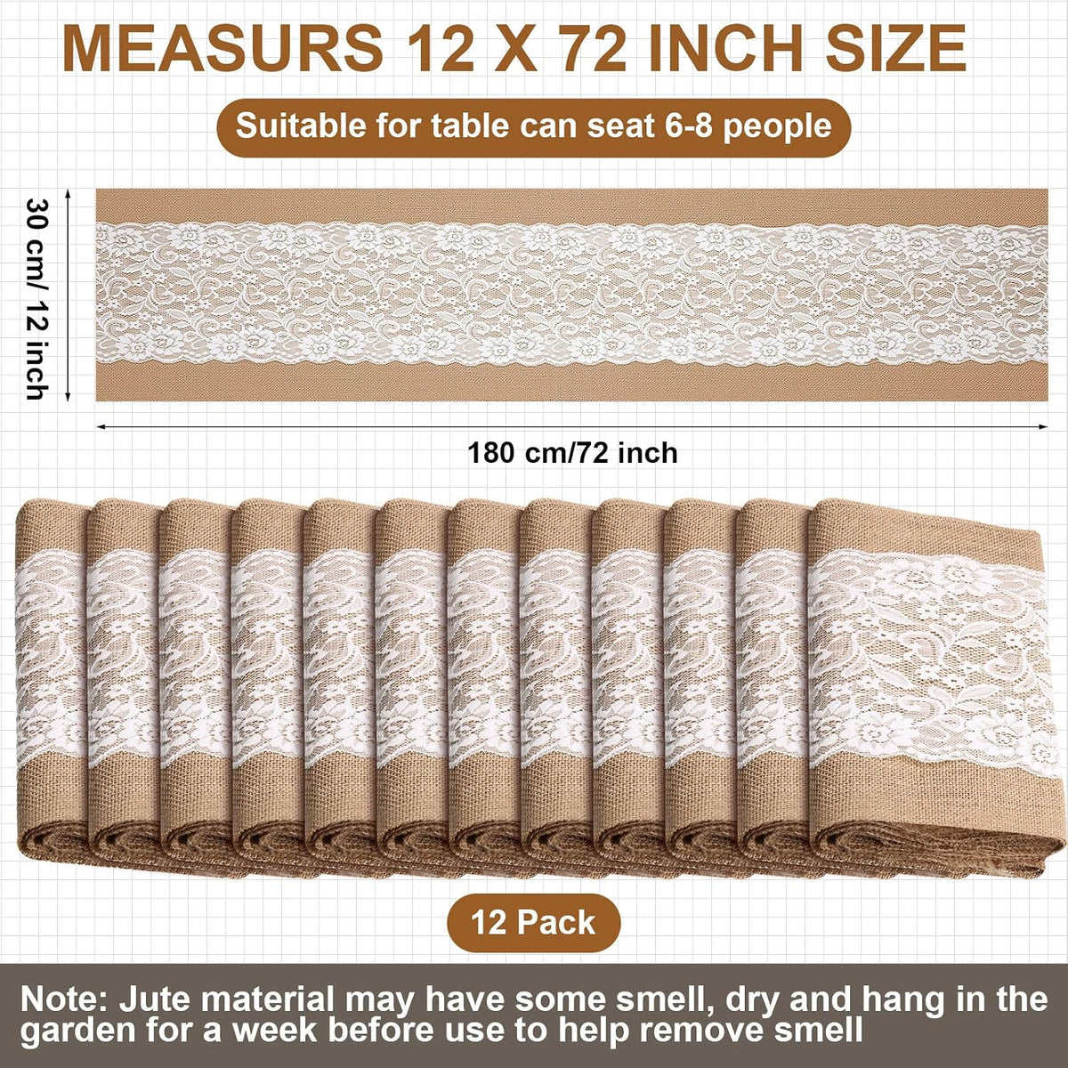 Chumia 12 Pack Burlap Table Runners with Lace 12 x 72 in, Classic Style