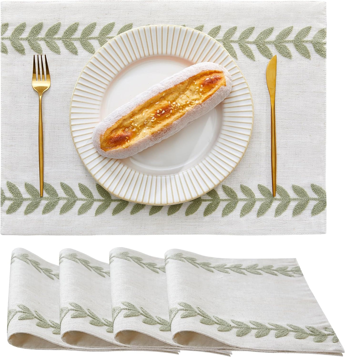 Wracra Embroidered Place Mats, Sage Green Rustic Placemats Set of 4
