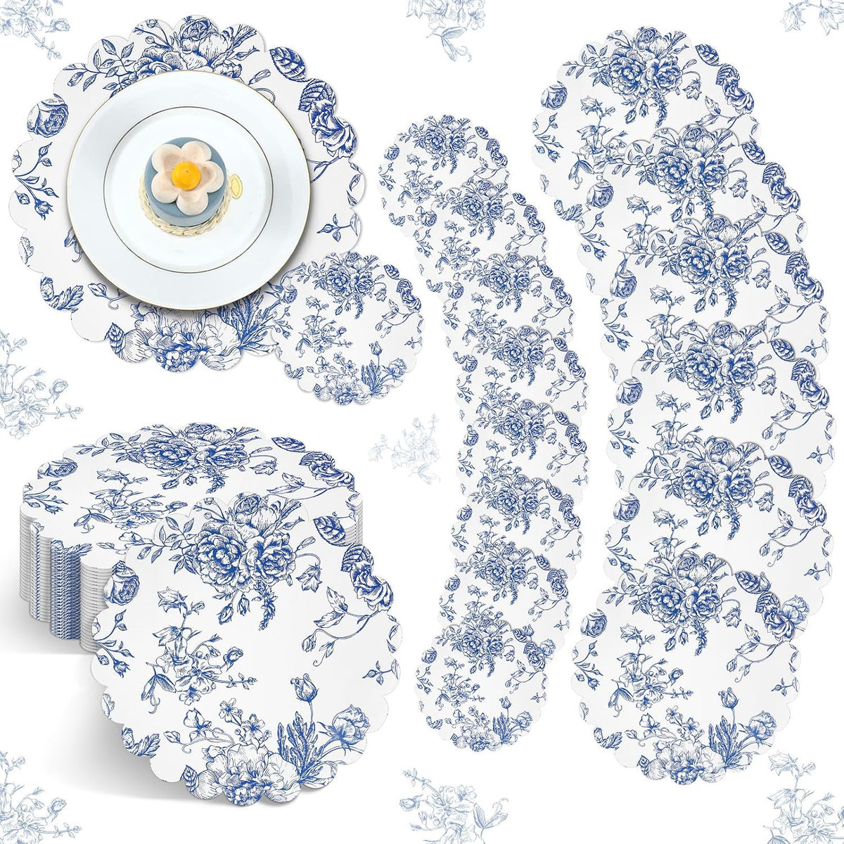 100 Pcs Vintage Blue Floral Paper Placemats Coaster Scalloped Edge