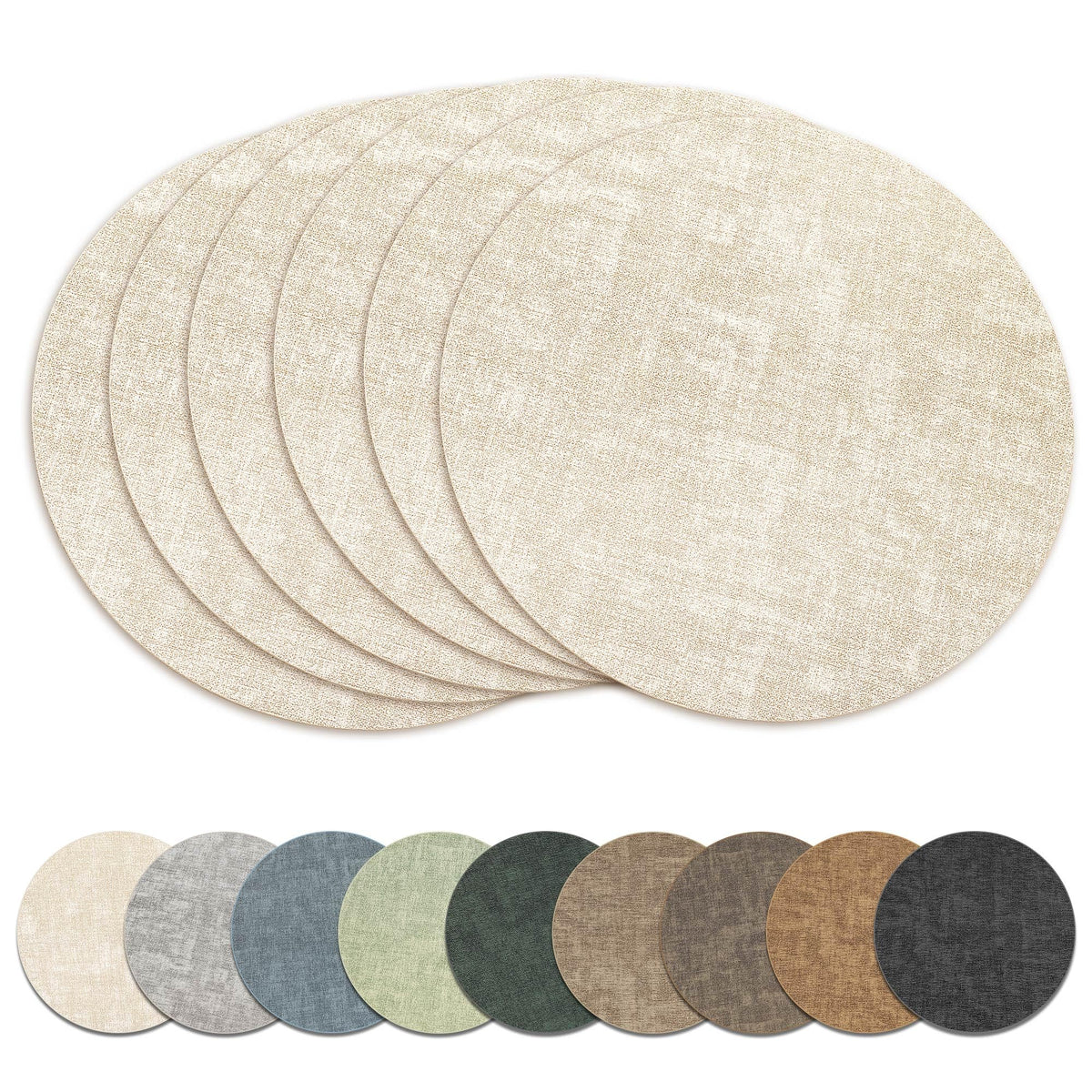 13" Round Placemats Set of 6, Reversible Faux Leather Wipeable Table Mats
