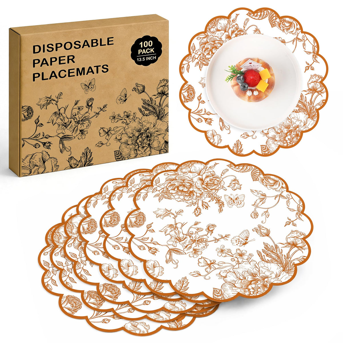 Kochorie Green Floral Paper Placemats 100 Pack, Disposable Scalloped Table Mats, Green Vintage Flower Paper Place Mat, 13.5 x 13.5 Inch for Weddings Bridal Showers Party Décor