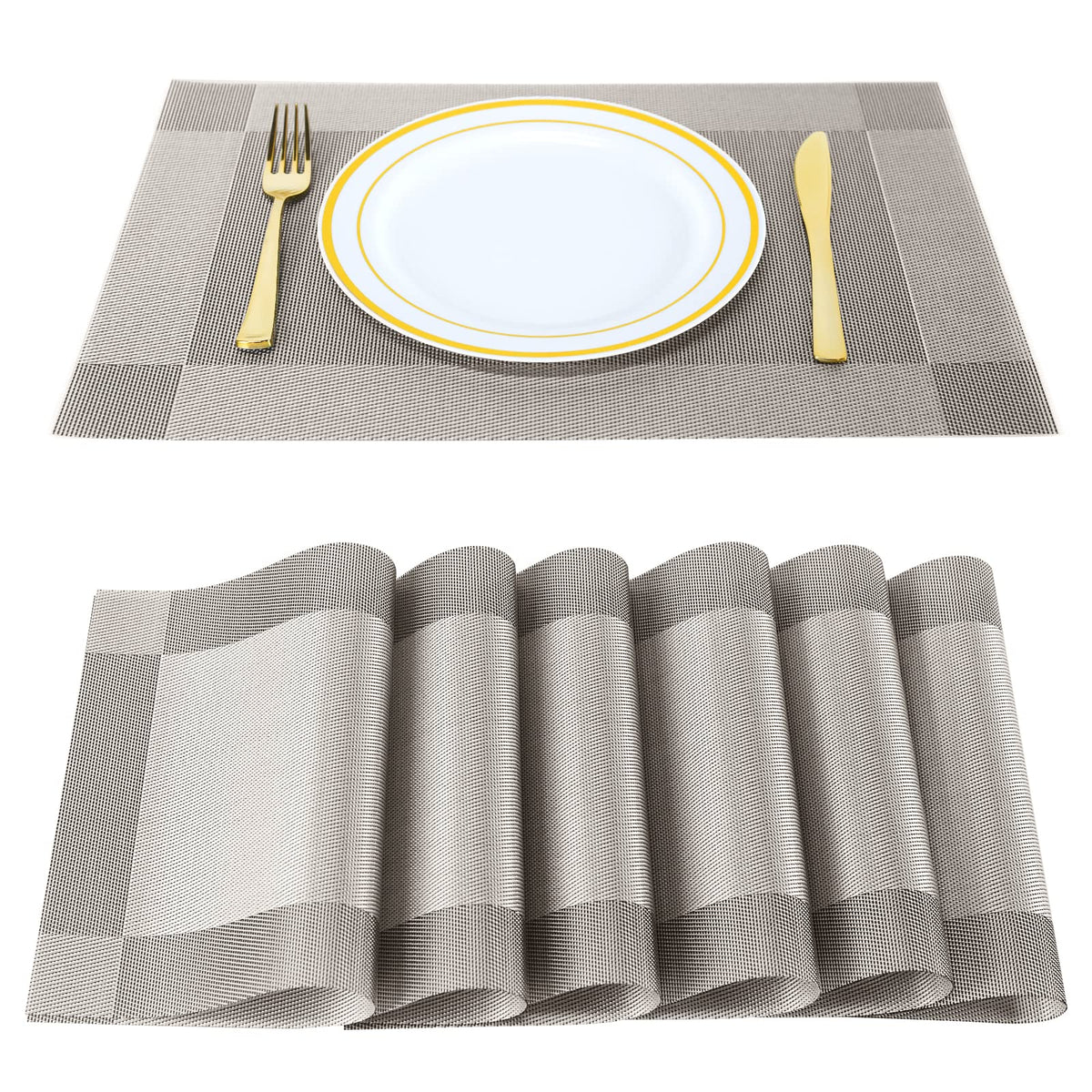 Placemats, Placemats Set of 6, Table Place Mats for Kitchen Dining, Heat-Resistant Anti-Skid Stain Washable PVC Table Mats, Easy to Cleaning Woven Vinyl Dinner Mats (Gold)