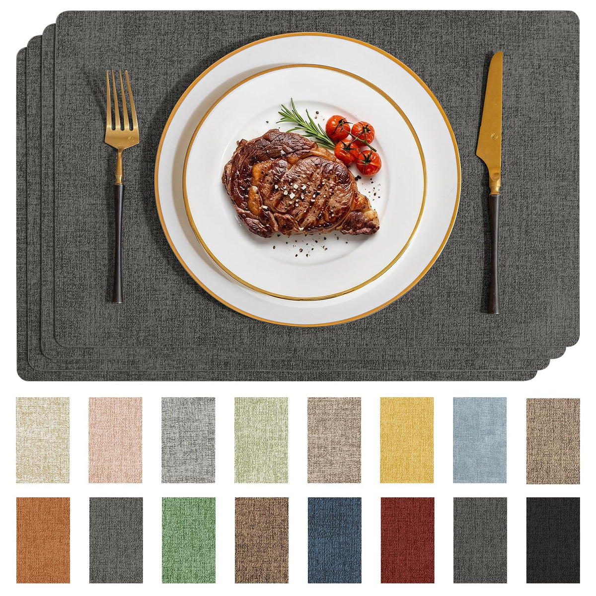 Romanstile Faux Leather Vinyl Placemats Set of 4, Light Grey