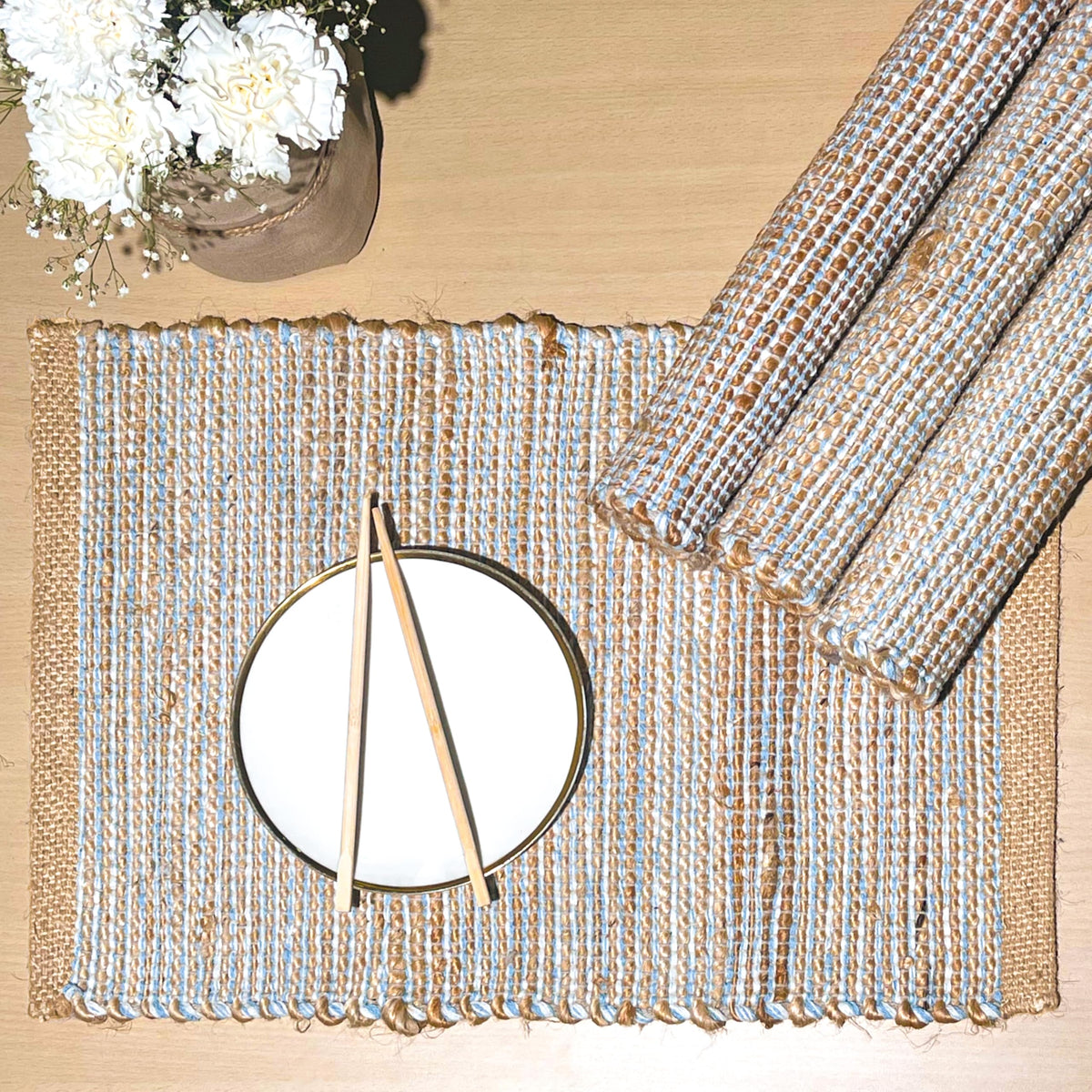 Chardin Home Natural Jute & Aqua Turquoise Placemats, Set of 4 – Rustic Handmade Boho Table Mats, 13x19 in Dining Table Placemats - Kitchen, Everyday Meals, Holidays, Farmhouse or Modern Table Décor