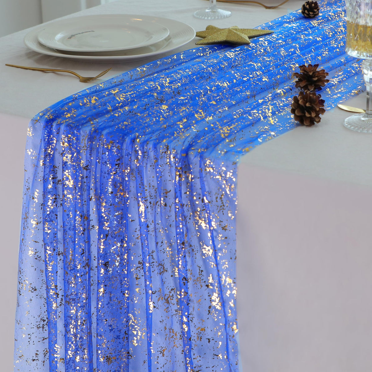 Snowkingdom 6Pcs 10 Ft Gold Table Runners, Sheer Chiffon Tulle Cheesecloth Golden Sequin Glitter Metallic Foil, Gold Party Table Decoration Centerpiece for Wedding Birthday Anniversary Christmas