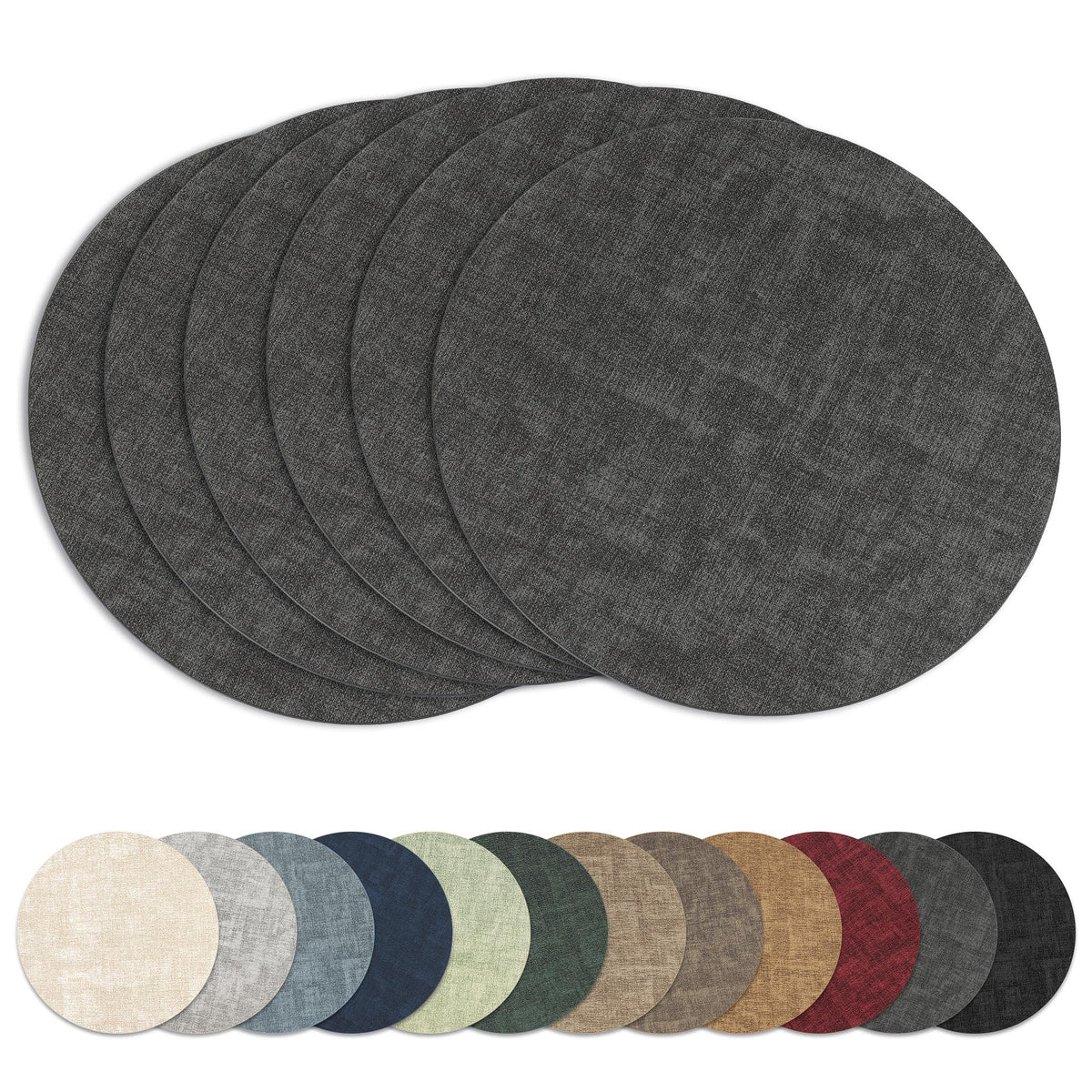 13" Round Placemats Set of 6, Reversible Faux Leather Wipeable Table Mats
