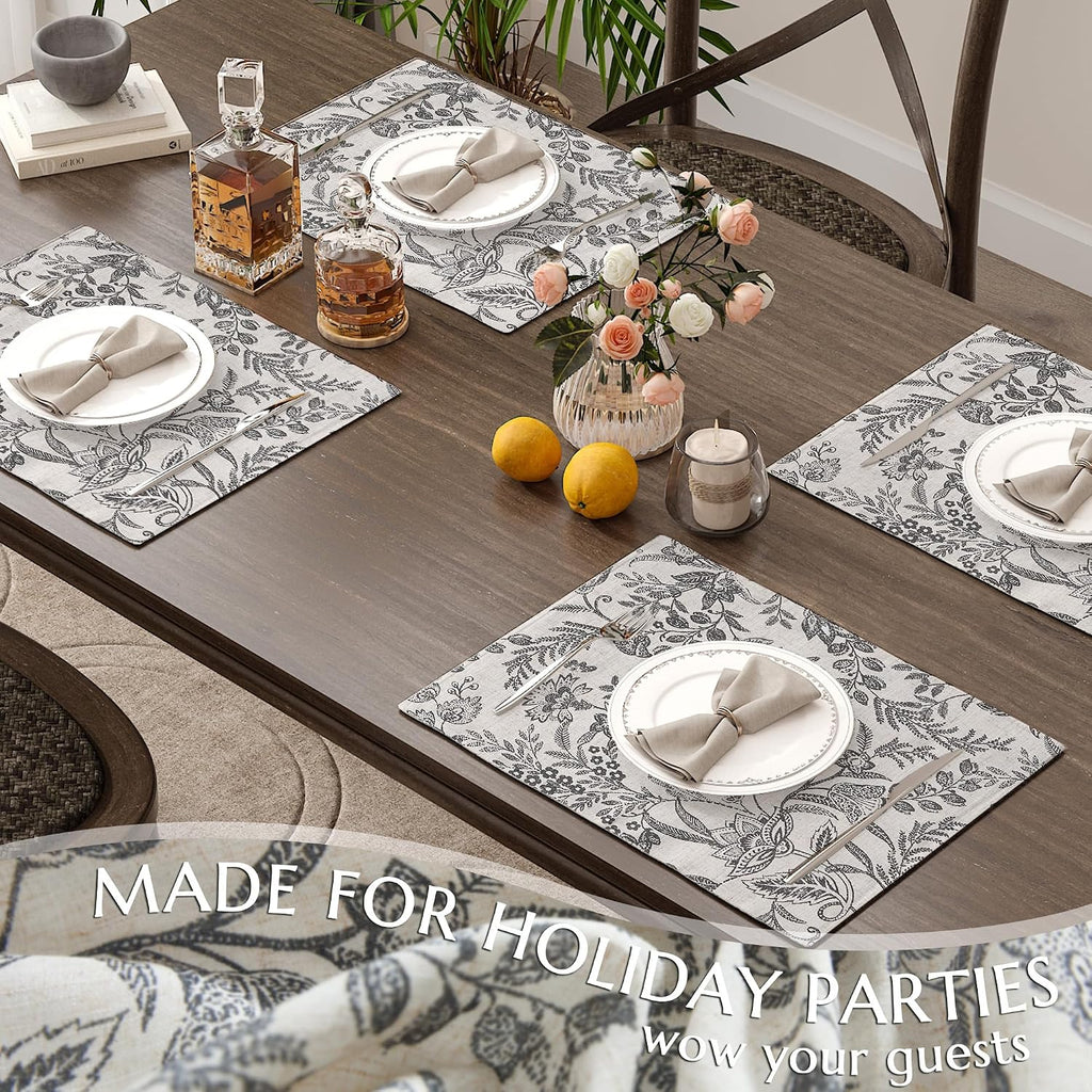 JINCHAN Linen Floral Placemats Set of 4 Farmhouse 13x19 Inch Black