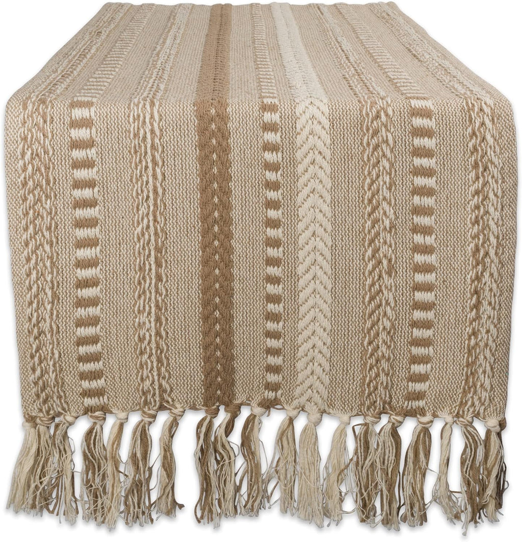 DII Braided Stripe Table Runner, 15x108 with 2.5" Fringe, Stone