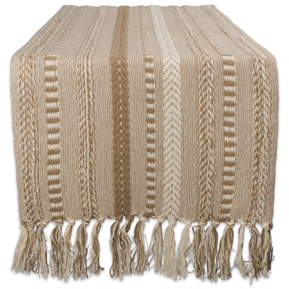 DII Braided Stripe Table Runner, 15x72 with 2.5" Fringe, Stone