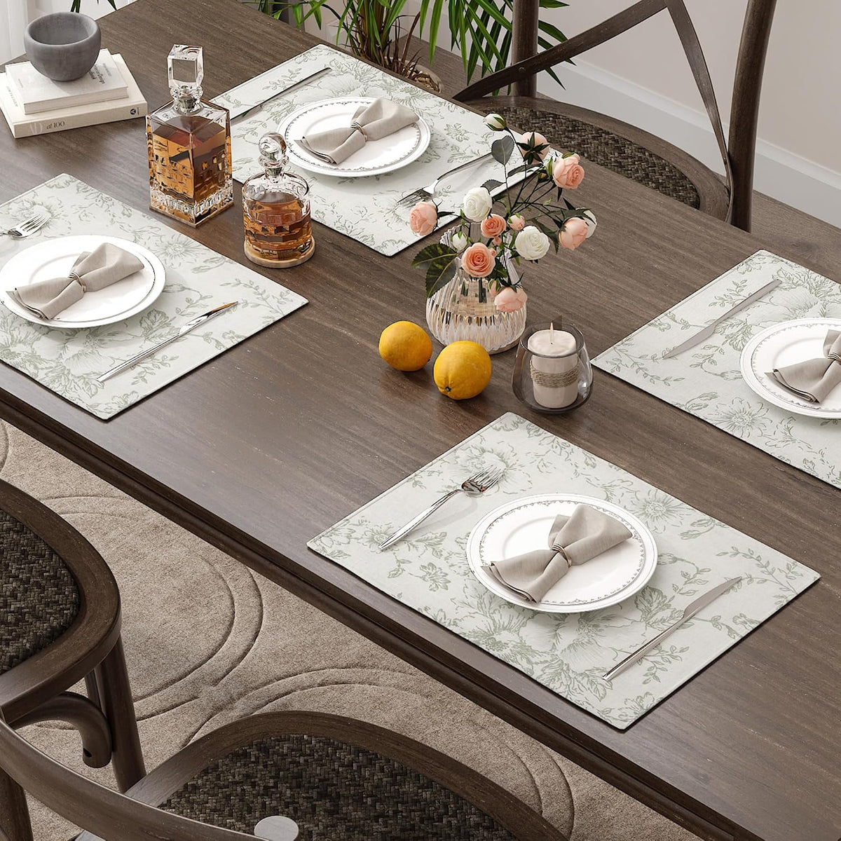 JINCHAN Alice Linen Floral Placemats Set of 4 Farmhouse 13x19 Inch Green