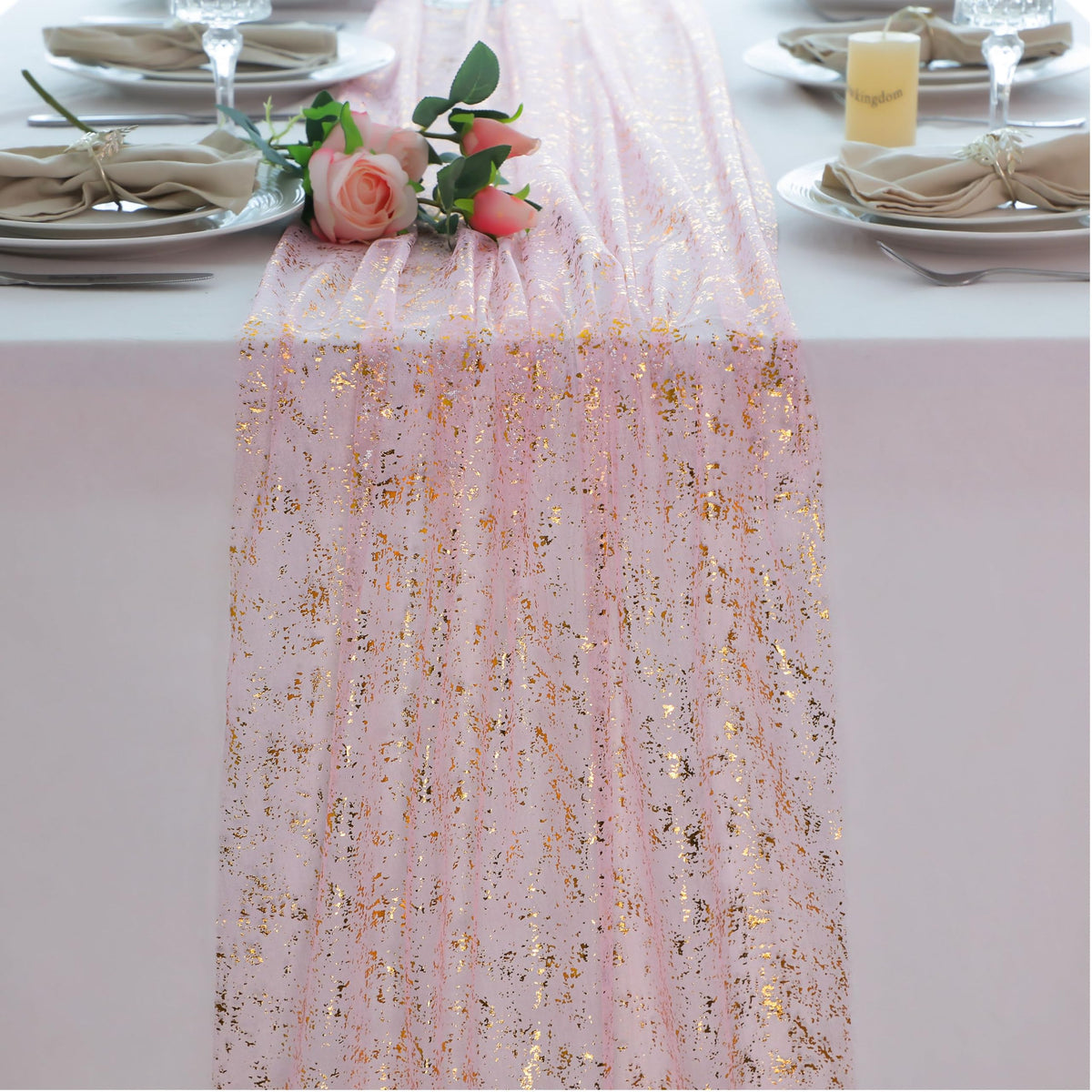 Snowkingdom 6Pcs 10 Ft Gold Table Runners, Sheer Chiffon Tulle Cheesecloth Golden Sequin Glitter Metallic Foil, Gold Party Table Decoration Centerpiece for Wedding Birthday Anniversary Christmas