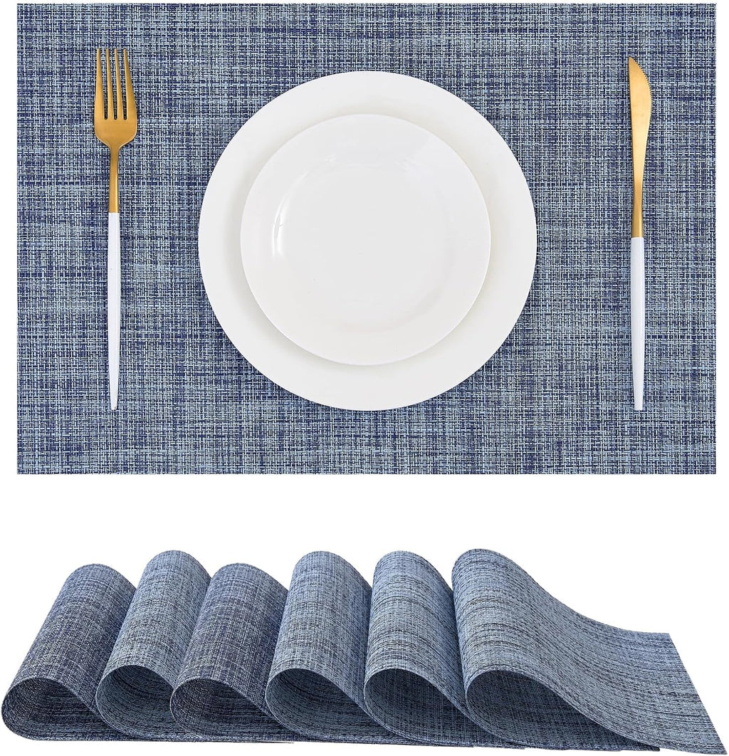 Leetaltree Deep Navy Woven Placemats Set of 6 - Heat Resistant Non-Slip Place mats for Dining Table, Washable Durable PVC Vinyl Woven Table Mats(Deep Navy, 6)