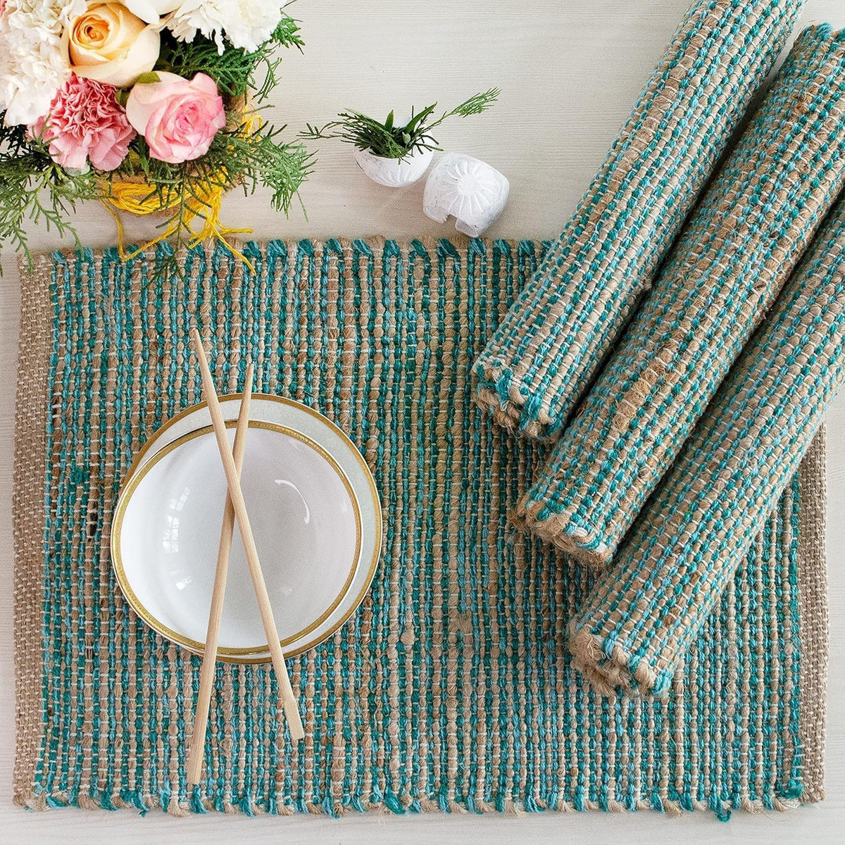 Chardin Home Natural Jute & Aqua Turquoise Placemats, Set of 4 – Rustic Handmade Boho Table Mats, 13x19 in Dining Table Placemats - Kitchen, Everyday Meals, Holidays, Farmhouse or Modern Table Décor