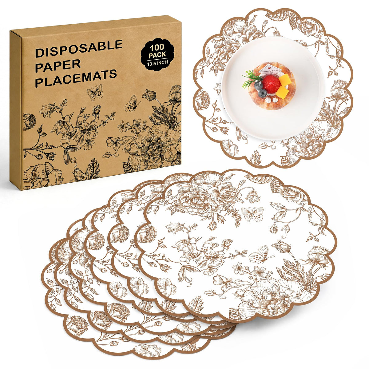 Kochorie Green Floral Paper Placemats 100 Pack, Disposable Scalloped Table Mats, Green Vintage Flower Paper Place Mat, 13.5 x 13.5 Inch for Weddings Bridal Showers Party Décor