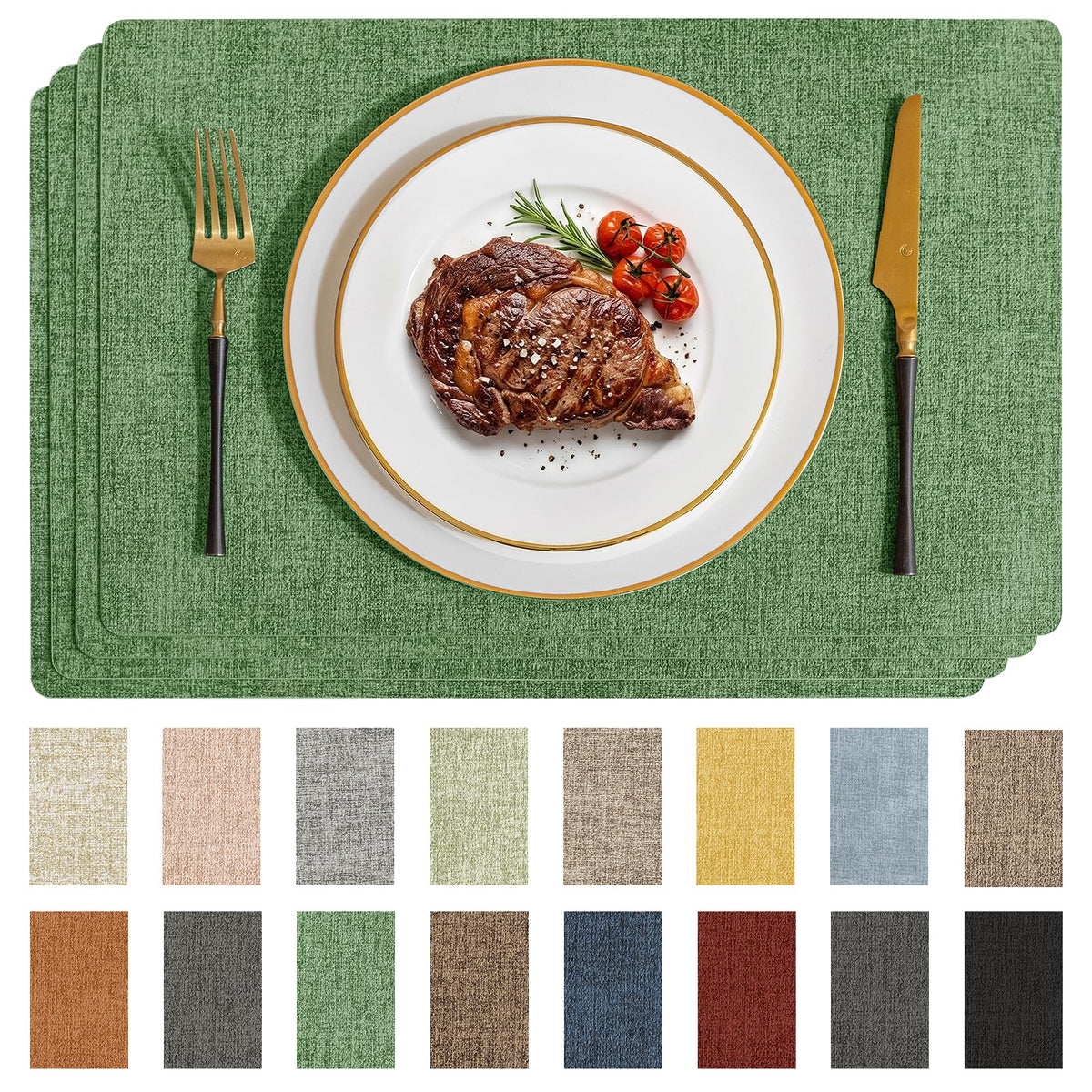 Romanstile Faux Leather Vinyl Placemats Set of 6, Dark Green