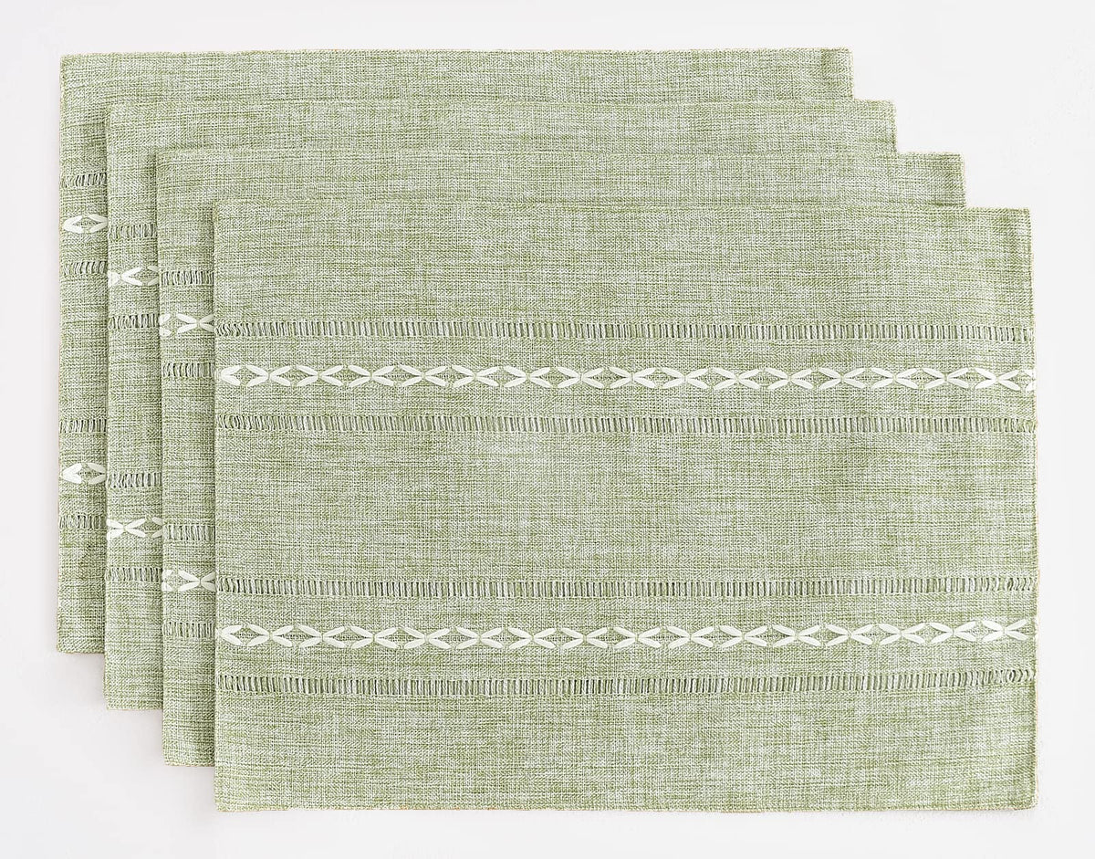 Wracra Cotton Linen Place Mats, Sage Green Embroidered Placemats Set of 4
