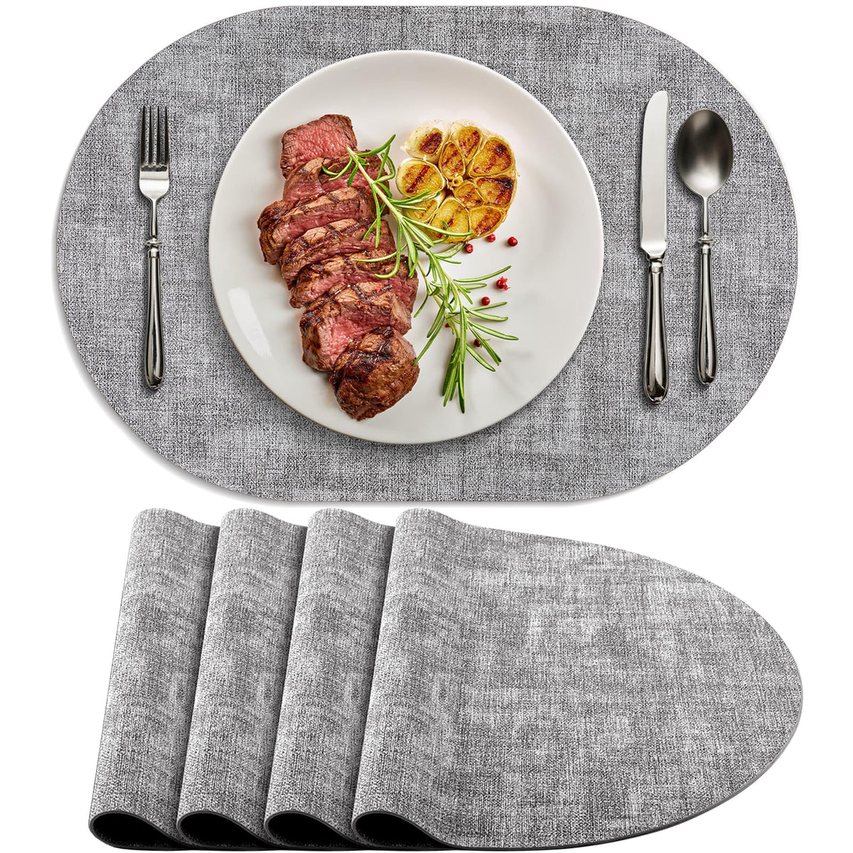 Placemats for Dining Table Set of 8 Non-Slip, Heat Resistant Oval Leather Placemat Double Layer, Waterproof Table Mats Easy to Clean for Kitchen Dining Room Coffee Office Table, Beige