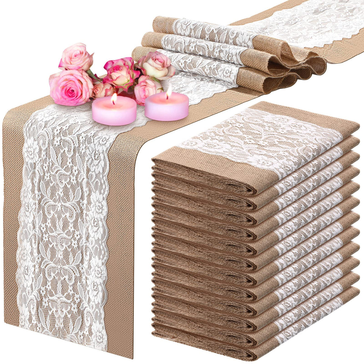 Chumia 12 Pack Burlap Table Runners with Lace 12 x 72 in, Classic Style