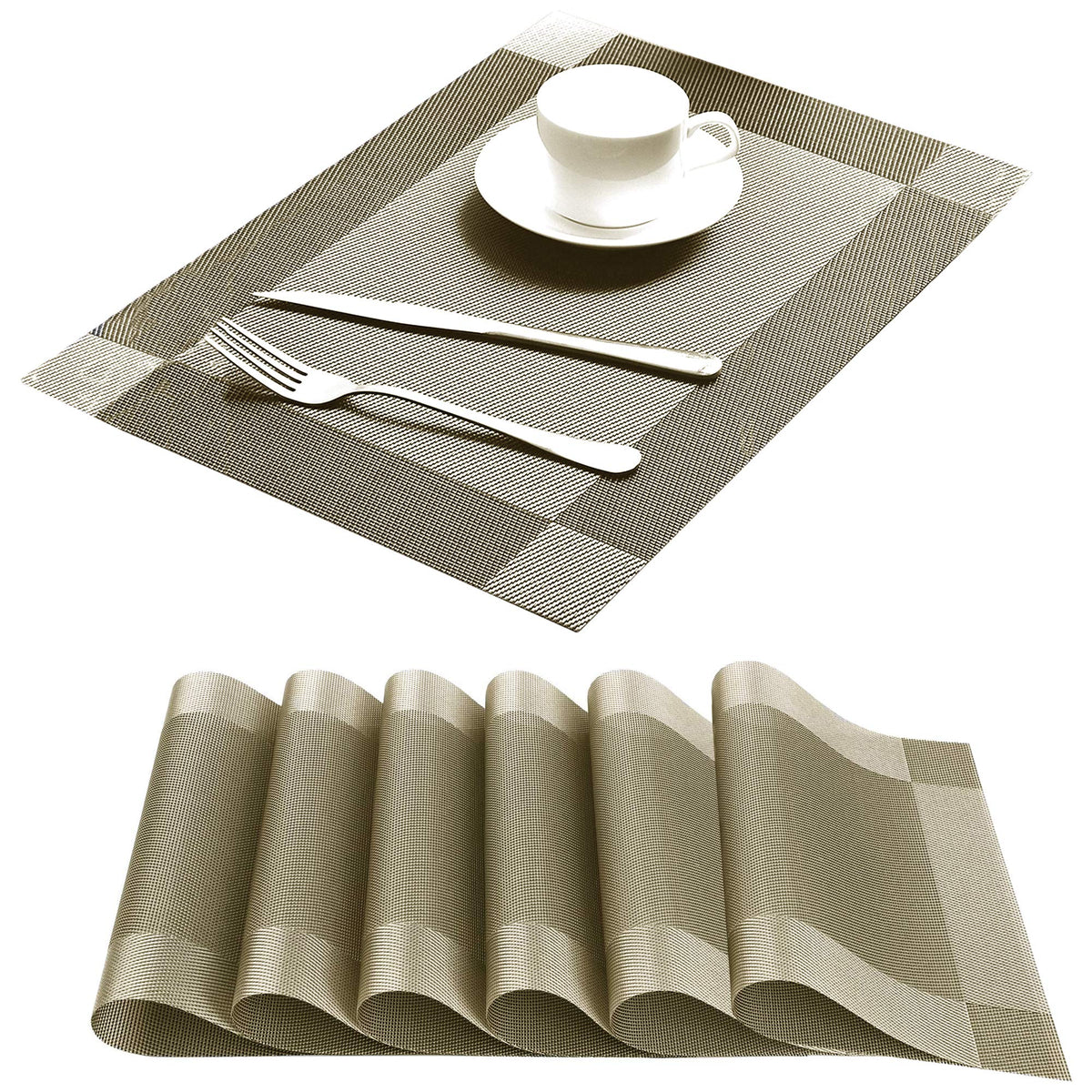Table Placemats Dining Table Place Mats Set of 6 Heat Resistant Insulation Non-Slip Vinyl for Kitchen Dining Room 18" * 12" Brown