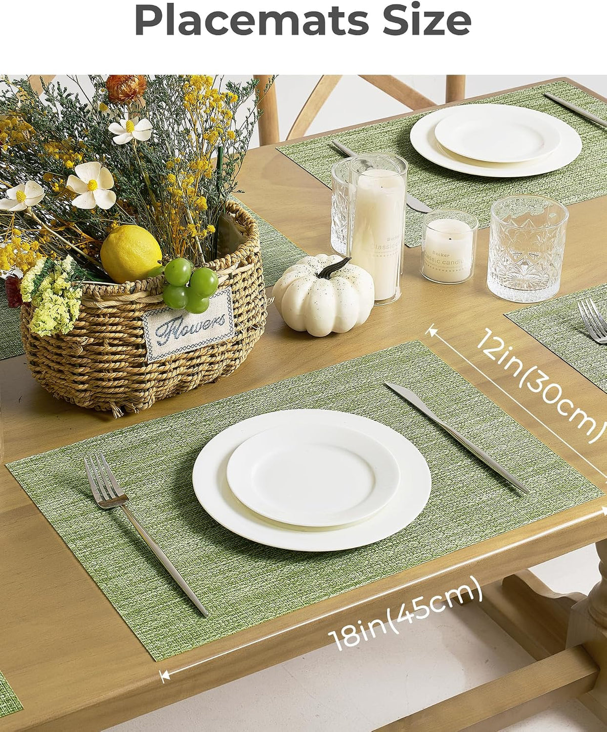 Leetaltree Bean Green Woven Placemats Set of 8 - Heat Resistant Non-Slip Place Mats for Dining Table, Washable Durable PVC Table Mats(Bean Green, 8)
