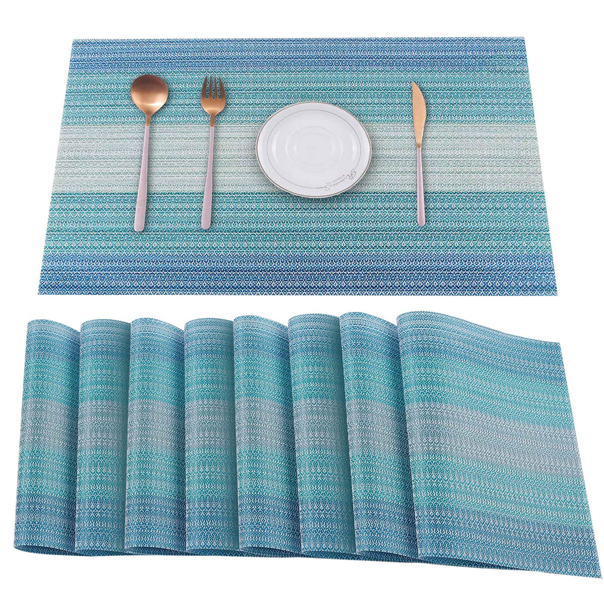 HeloHo Placemats Set of 4,Vinyl Table Place Mats Stain Resistant Foldable Placemats Washable Wipeable Placemat for Kitchen Dining Table Decoration Indoor Outdoor（Blue）