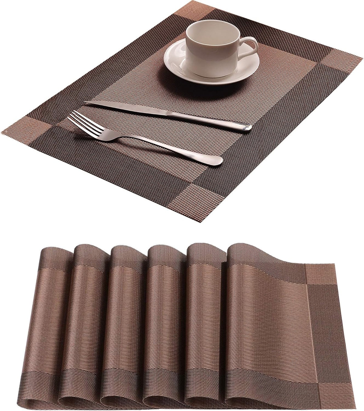 Table Placemats Dining Table Place Mats Set of 6 Heat Resistant Insulation Non-Slip Vinyl for Kitchen Dining Room 18" * 12" Brown