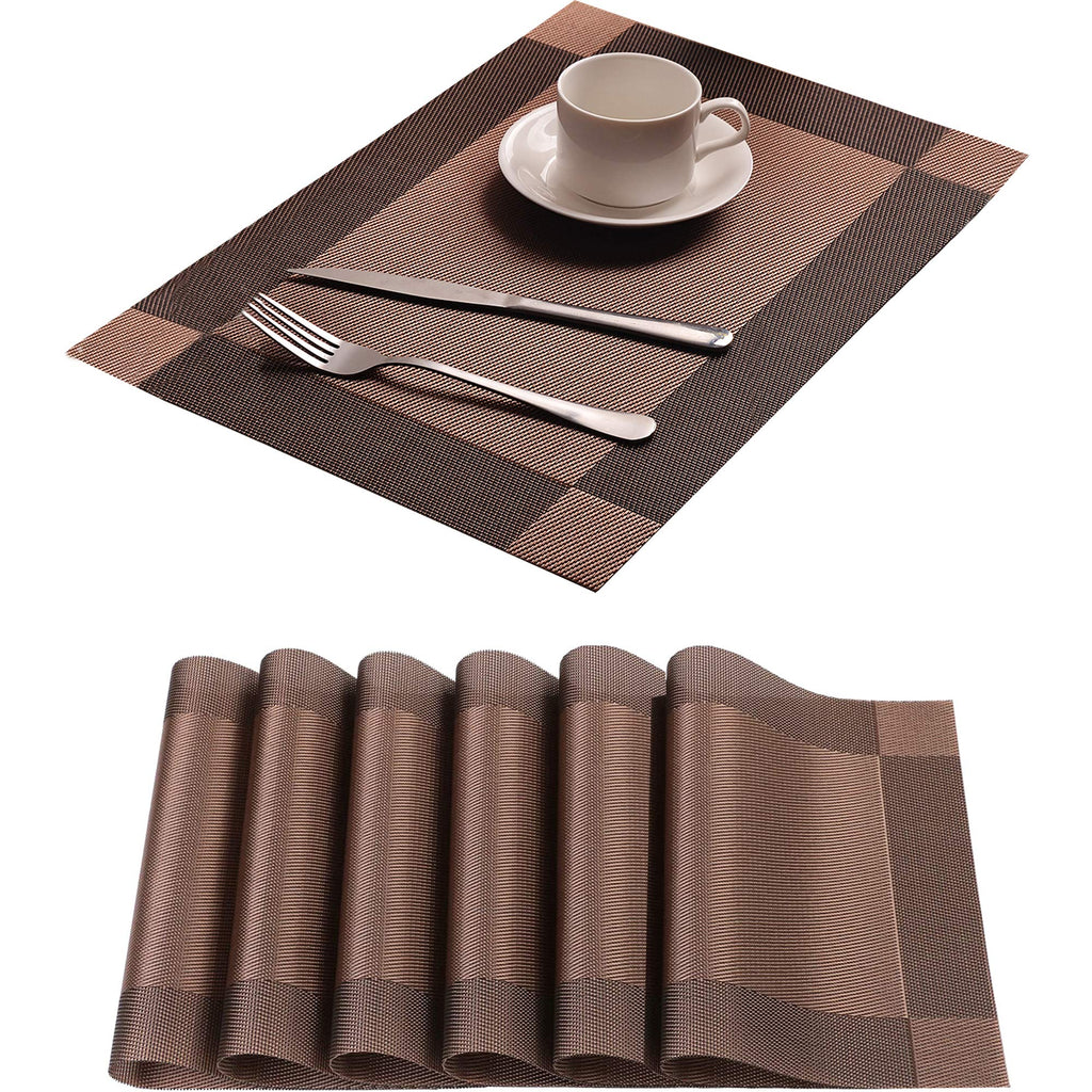 Table Placemats Dining Table Place Mats Set of 6 Heat Resistant Insulation Non-Slip Vinyl for Kitchen Dining Room 18" * 12" Brown