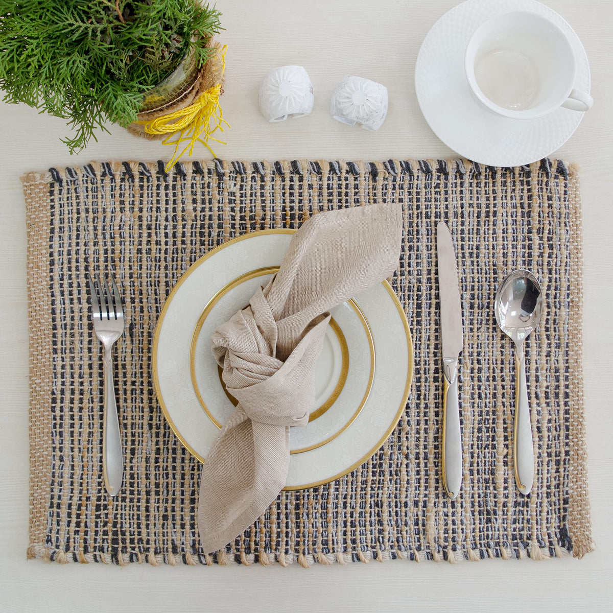 Chardin Home Natural Jute & Aqua Turquoise Placemats, Set of 4 – Rustic Handmade Boho Table Mats, 13x19 in Dining Table Placemats - Kitchen, Everyday Meals, Holidays, Farmhouse or Modern Table Décor