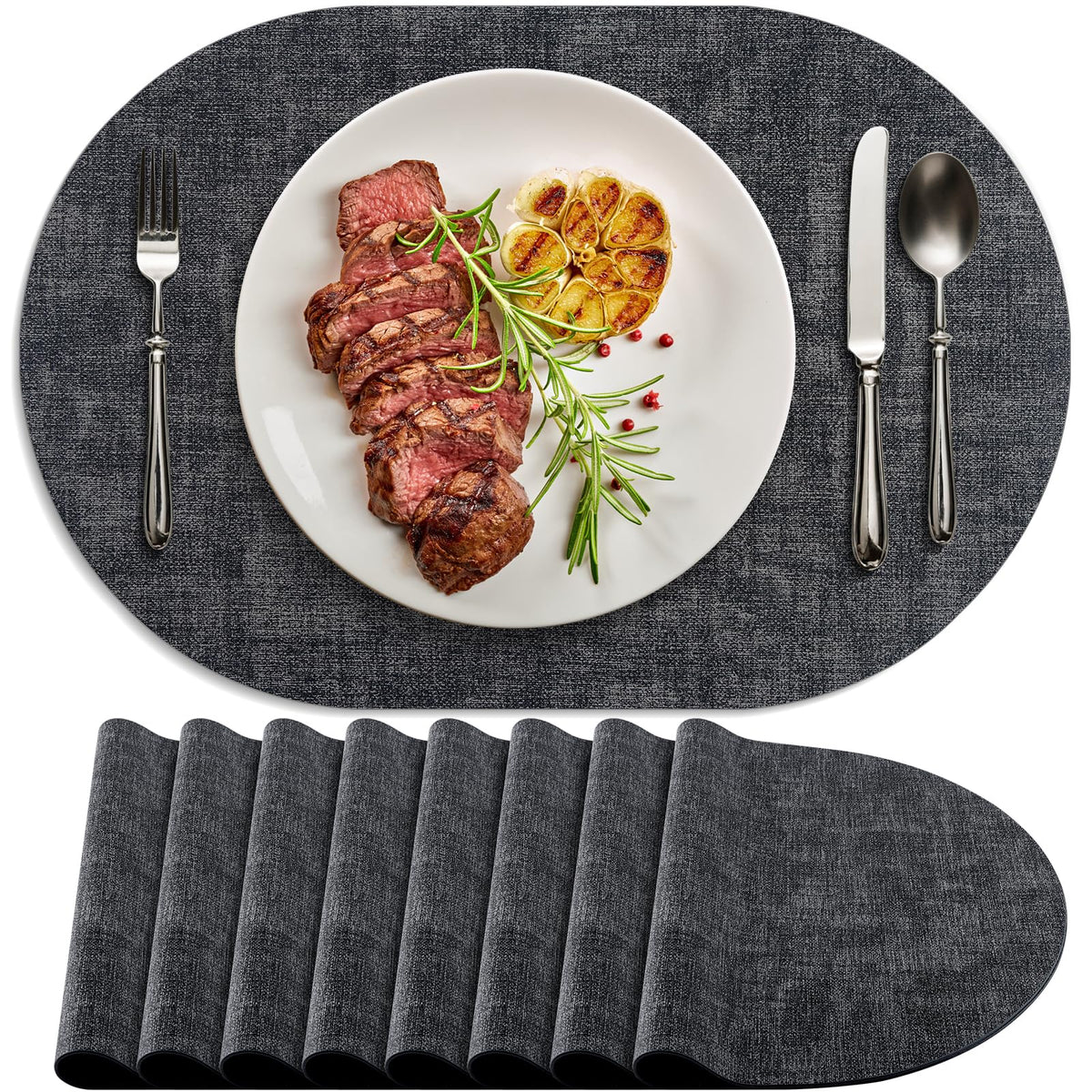 Placemats for Dining Table Set of 8 Non-Slip, Heat Resistant Oval Leather Placemat Double Layer, Waterproof Table Mats Easy to Clean for Kitchen Dining Room Coffee Office Table, Beige