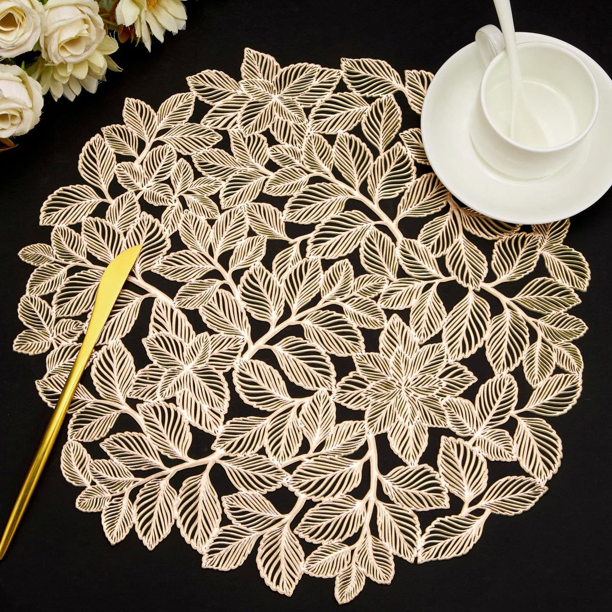 Gold Flower Placemats Set of 6, Metallic Pressed Vinyl Round Table Mats