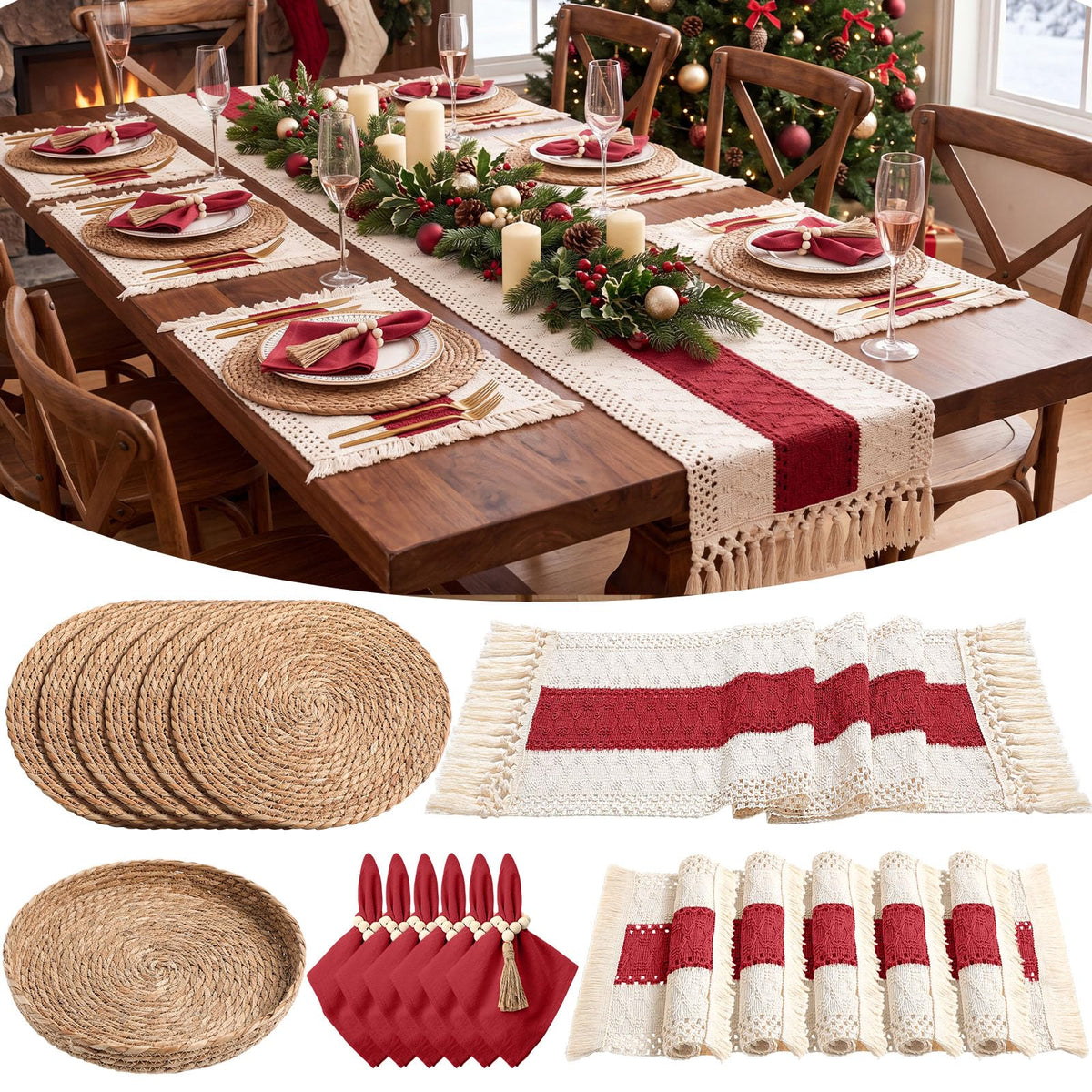 6 Sets Dining Table Decoration Boho Placemat, Khaki, 12x72