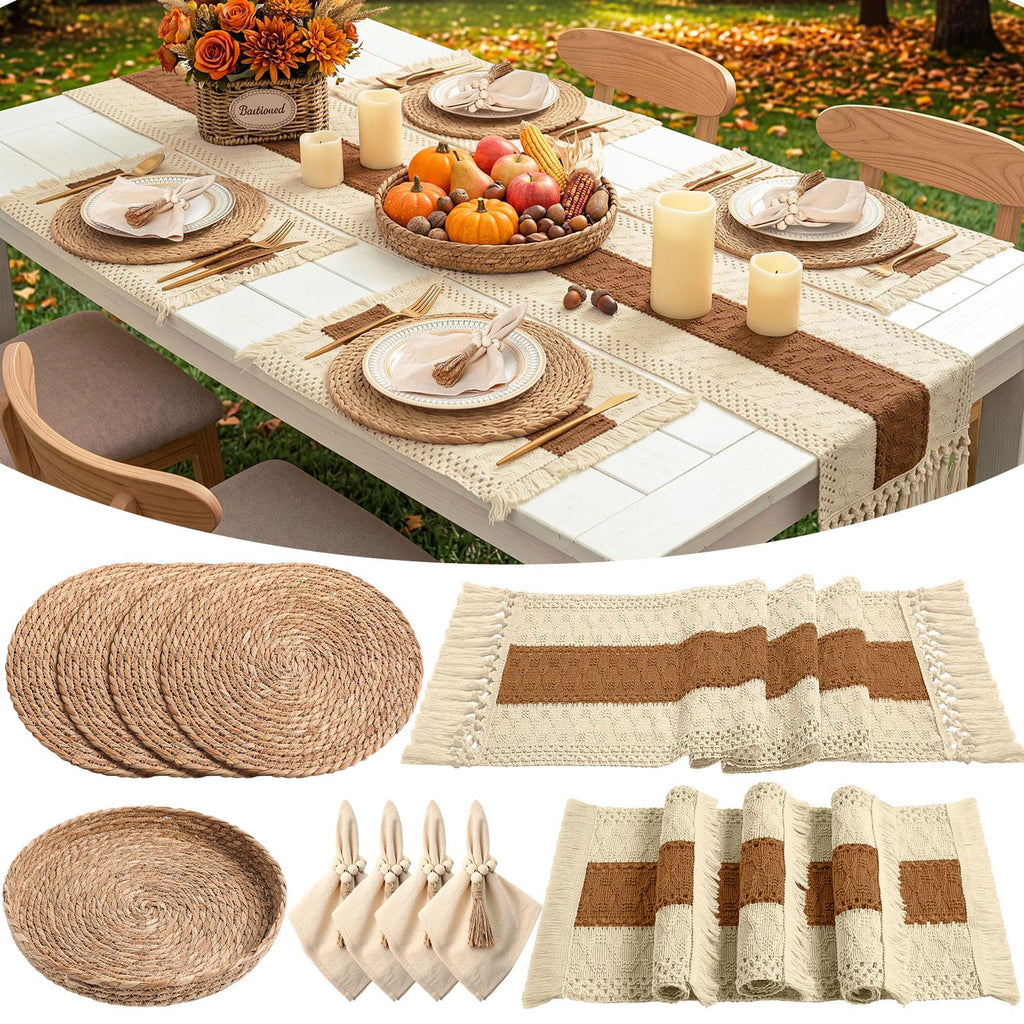 6 Sets Dining Table Decoration Boho Placemat, Khaki, 12x72