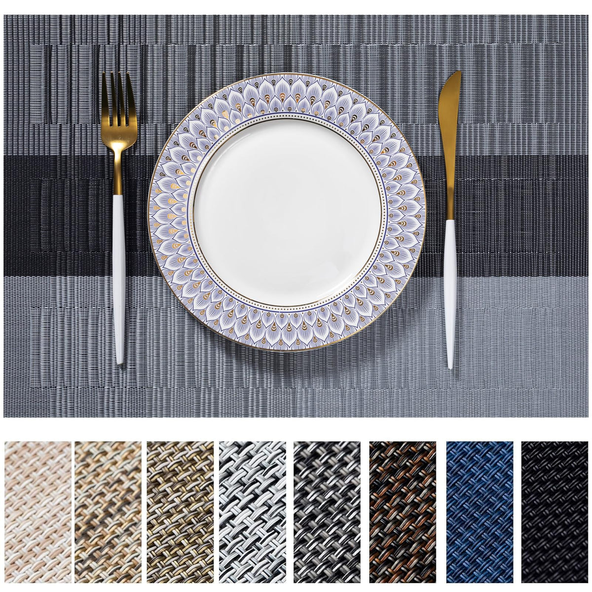 LEXMORE Placemats Set of 4 Vinyl/Plastic Woven Place Mats for Kitchen Table Indoor/Outdoor Washable Placemat Wipeable Dining Table Mats(Gray)