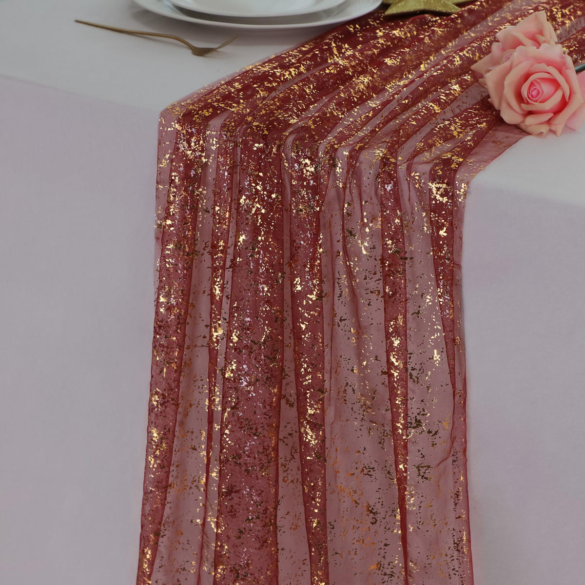 Snowkingdom 6Pcs 10 Ft Gold Table Runners, Sheer Chiffon Tulle Cheesecloth Golden Sequin Glitter Metallic Foil, Gold Party Table Decoration Centerpiece for Wedding Birthday Anniversary Christmas