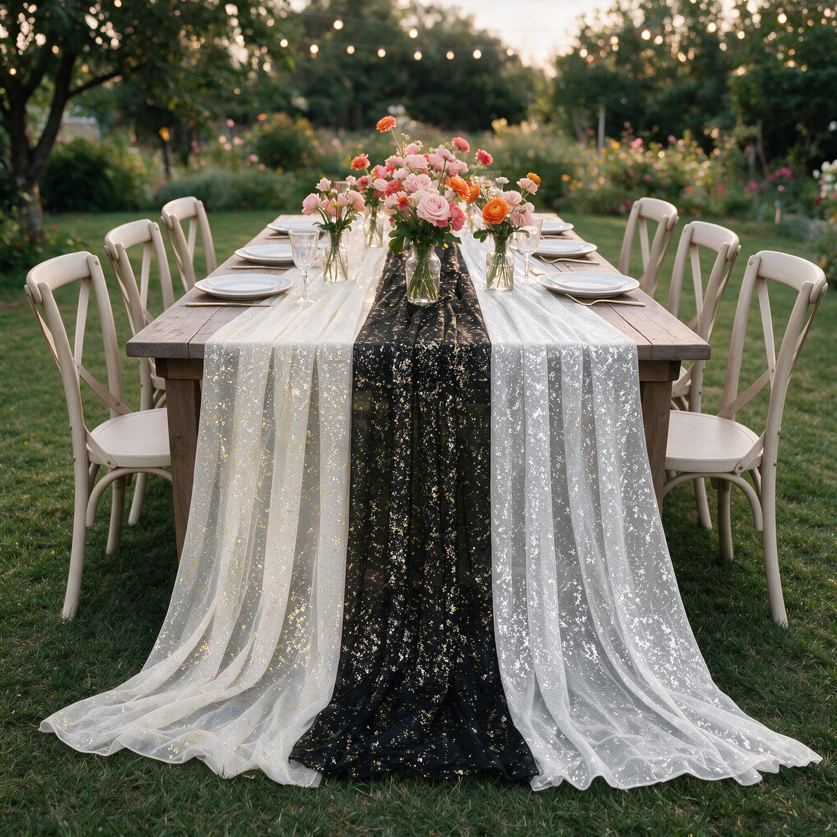 Artoid Mode 6Pcs Beige Gold Gauze Table Runner 120 Inch 10FT, Glitter Metallic Foil Sheer Dining Wedding Anniversary Holiday Birthday Table Decor for Home Party