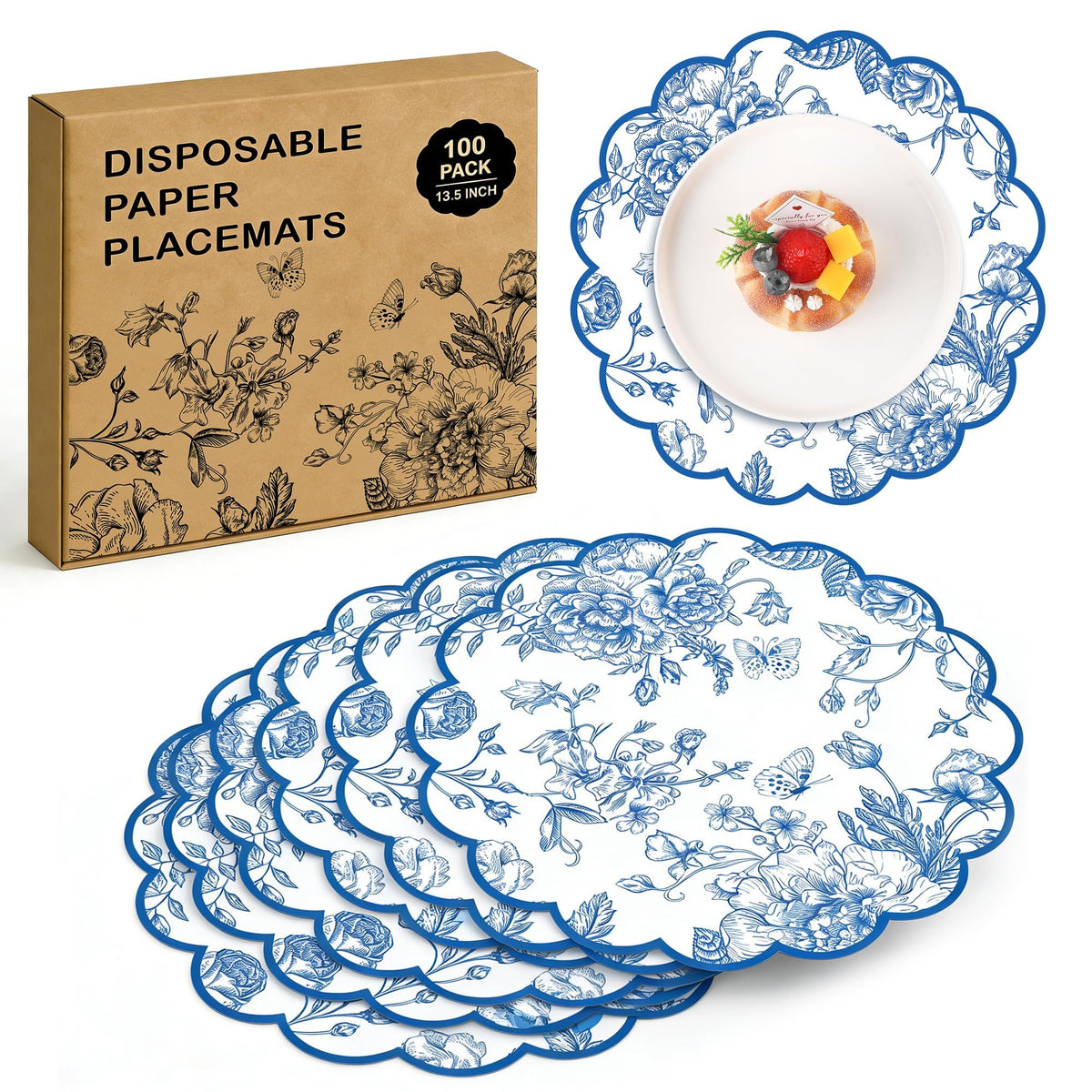 Kochorie Green Floral Paper Placemats 100 Pack, Disposable Scalloped Table Mats, Green Vintage Flower Paper Place Mat, 13.5 x 13.5 Inch for Weddings Bridal Showers Party Décor
