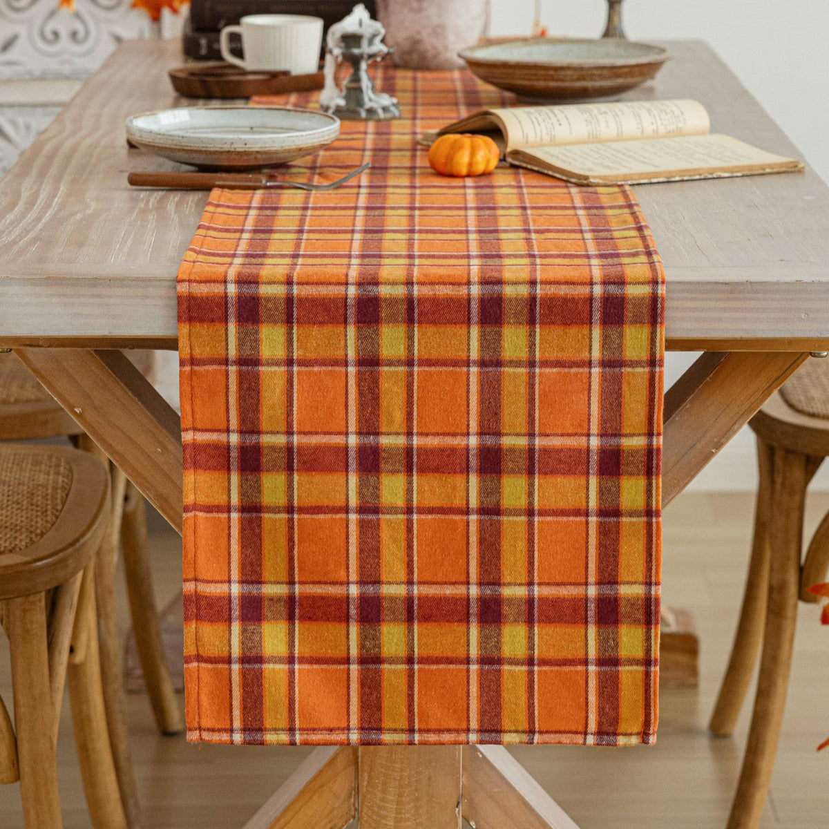 AQOTHES Plaid Fall Thanksgiving Rust Orange Table Runners 36 inches Long