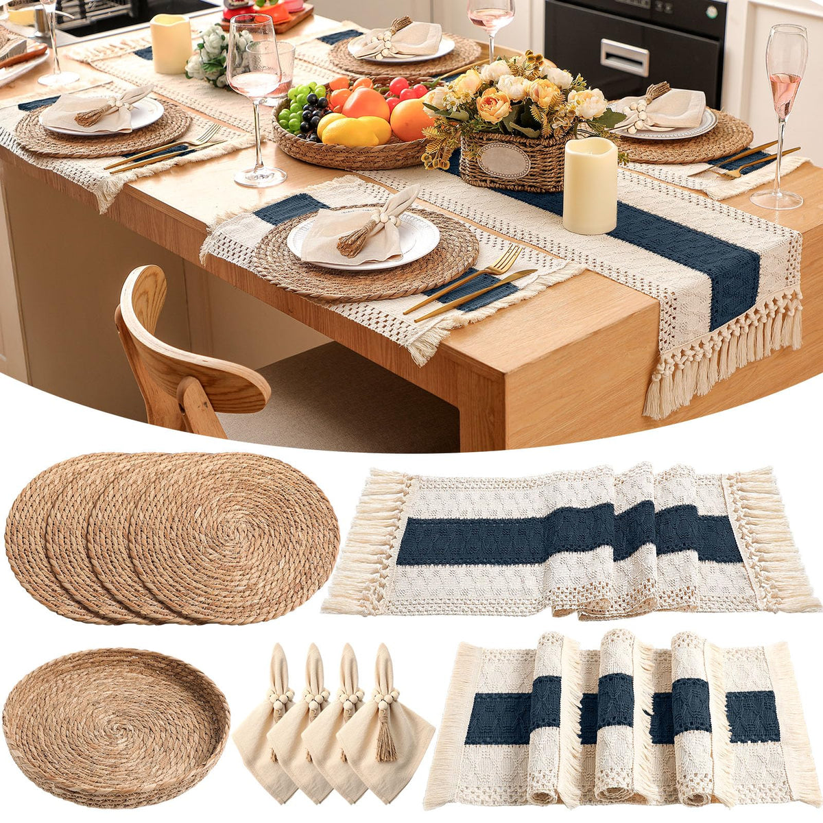 6 Sets Dining Table Decoration Boho Placemat, Khaki, 12x72