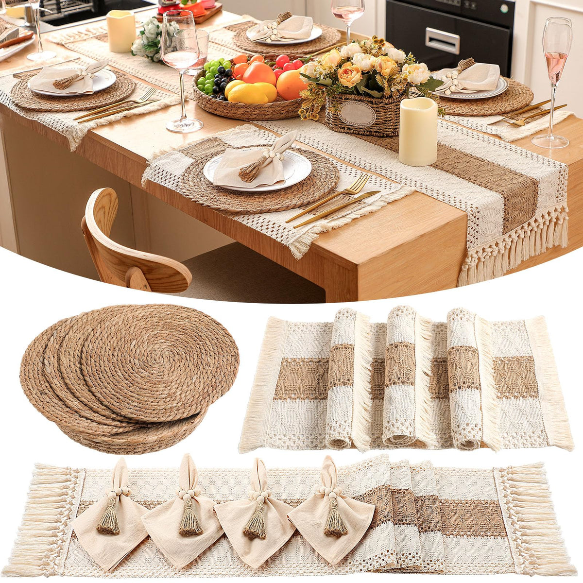 6 Sets Dining Table Decoration Boho Placemat, Khaki, 12x72