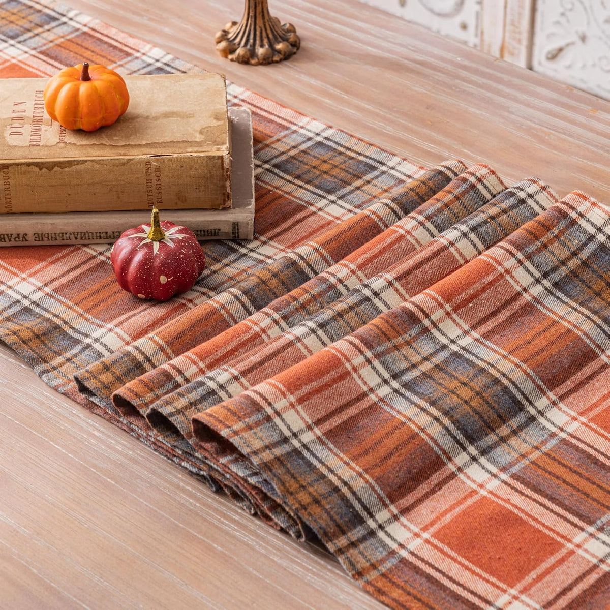 AQOTHES Plaid Fall Thanksgiving Rust Orange Table Runners 36 inches Long