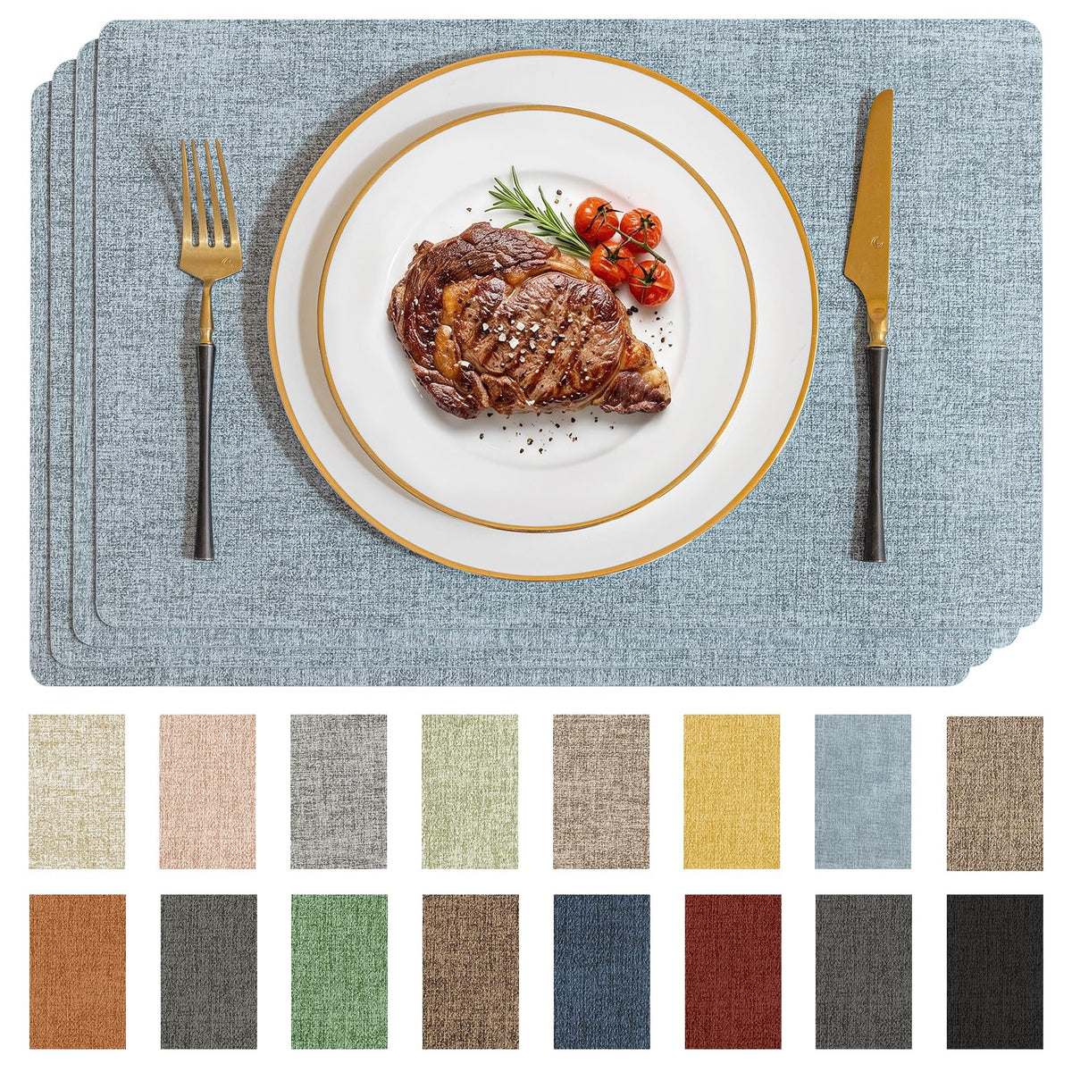 Romanstile Faux Leather Vinyl Placemats Set of 6, Light Grey