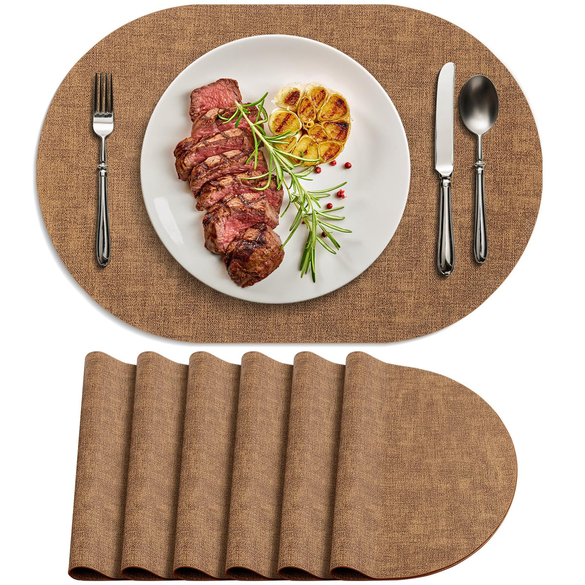 Placemats for Dining Table Set of 8 Non-Slip, Heat Resistant Oval Leather Placemat Double Layer, Waterproof Table Mats Easy to Clean for Kitchen Dining Room Coffee Office Table, Beige