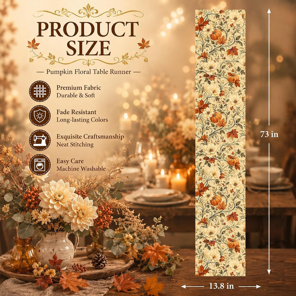 Thanksgiving Table Decor - Vintage Autumn Pumpkin Floral Table Runner