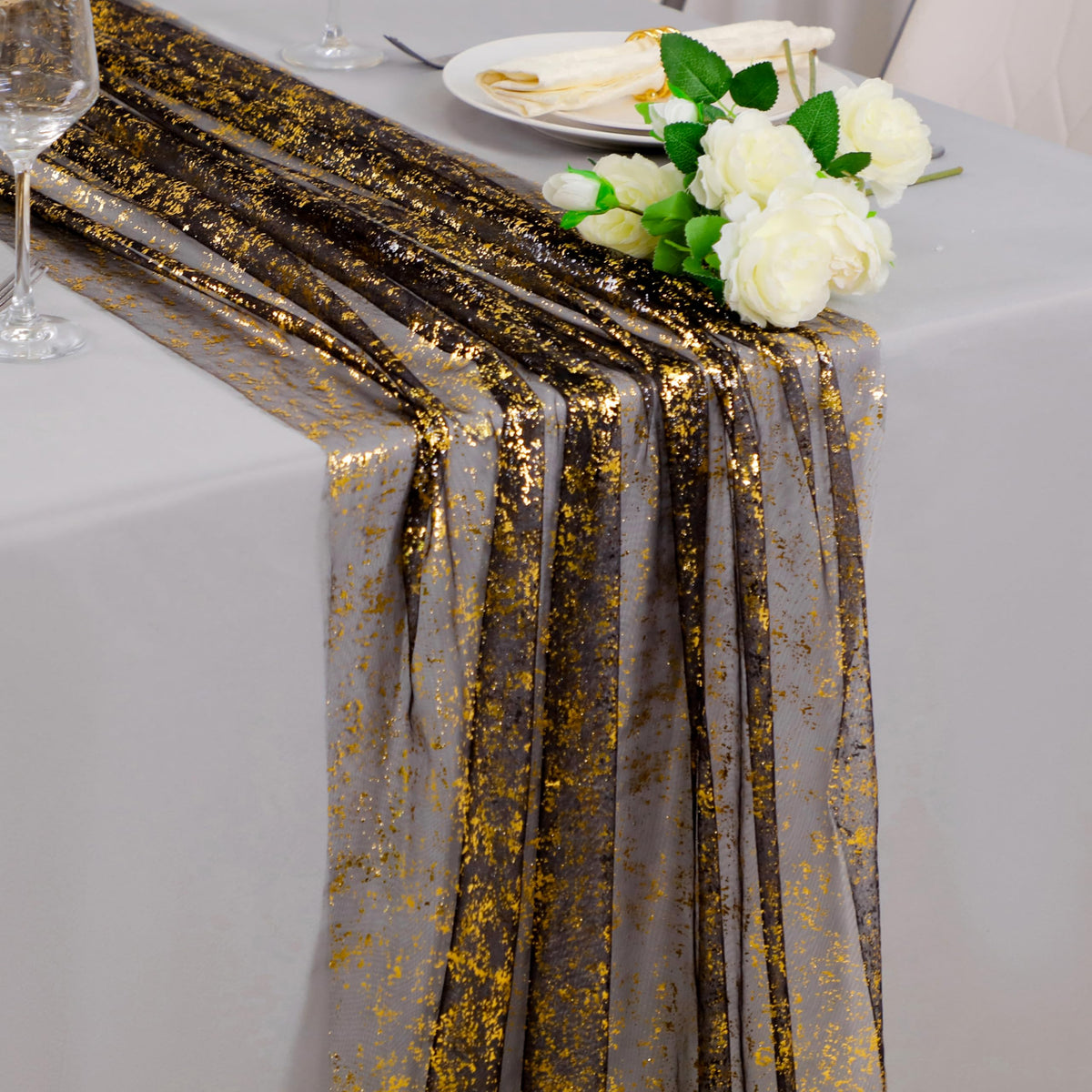 Snowkingdom 6Pcs 10 Ft Gold Table Runners, Sheer Chiffon Tulle Cheesecloth Golden Sequin Glitter Metallic Foil, Gold Party Table Decoration Centerpiece for Wedding Birthday Anniversary Christmas