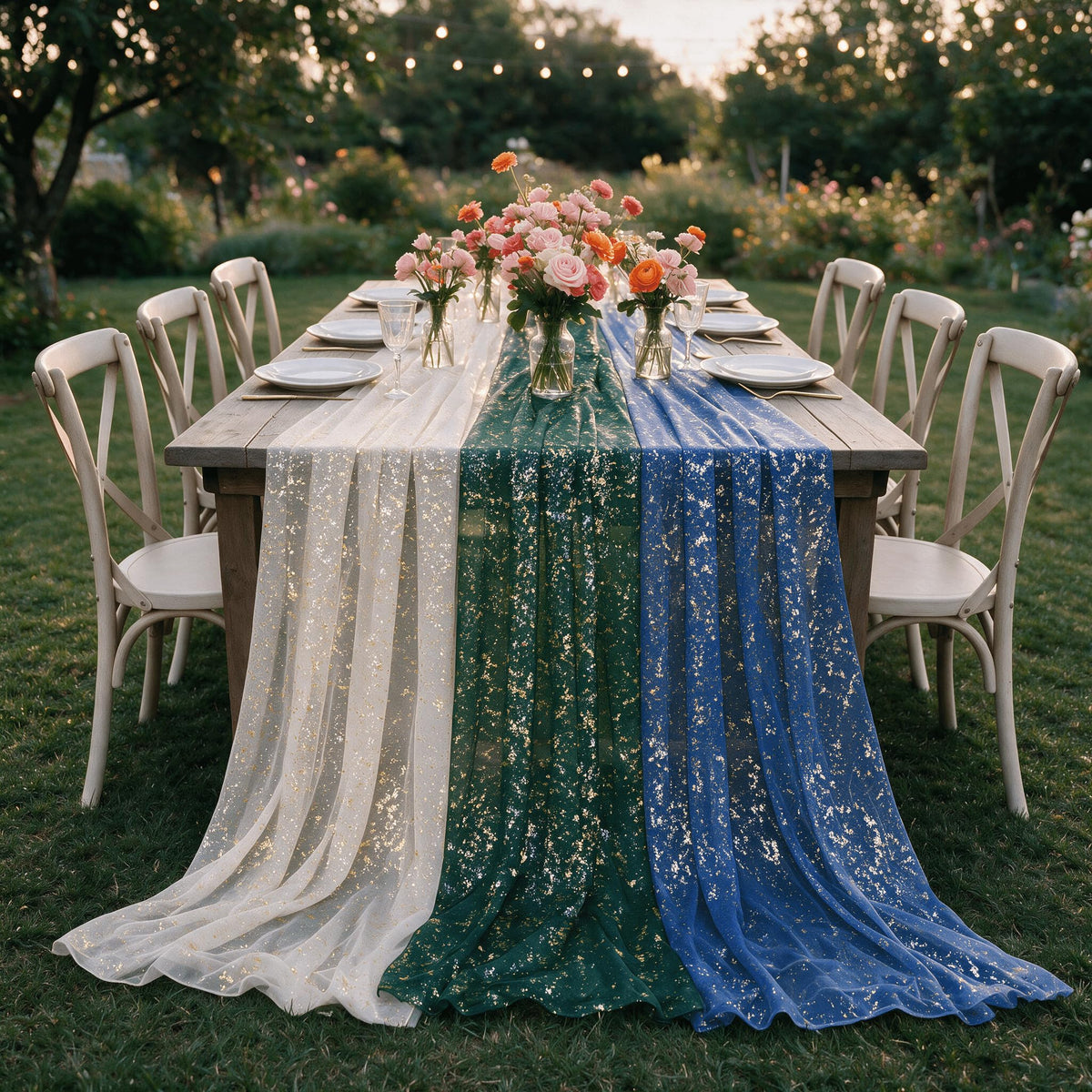 Artoid Mode 6Pcs Beige Gold Gauze Table Runner 120 Inch 10FT, Glitter Metallic Foil Sheer Dining Wedding Anniversary Holiday Birthday Table Decor for Home Party