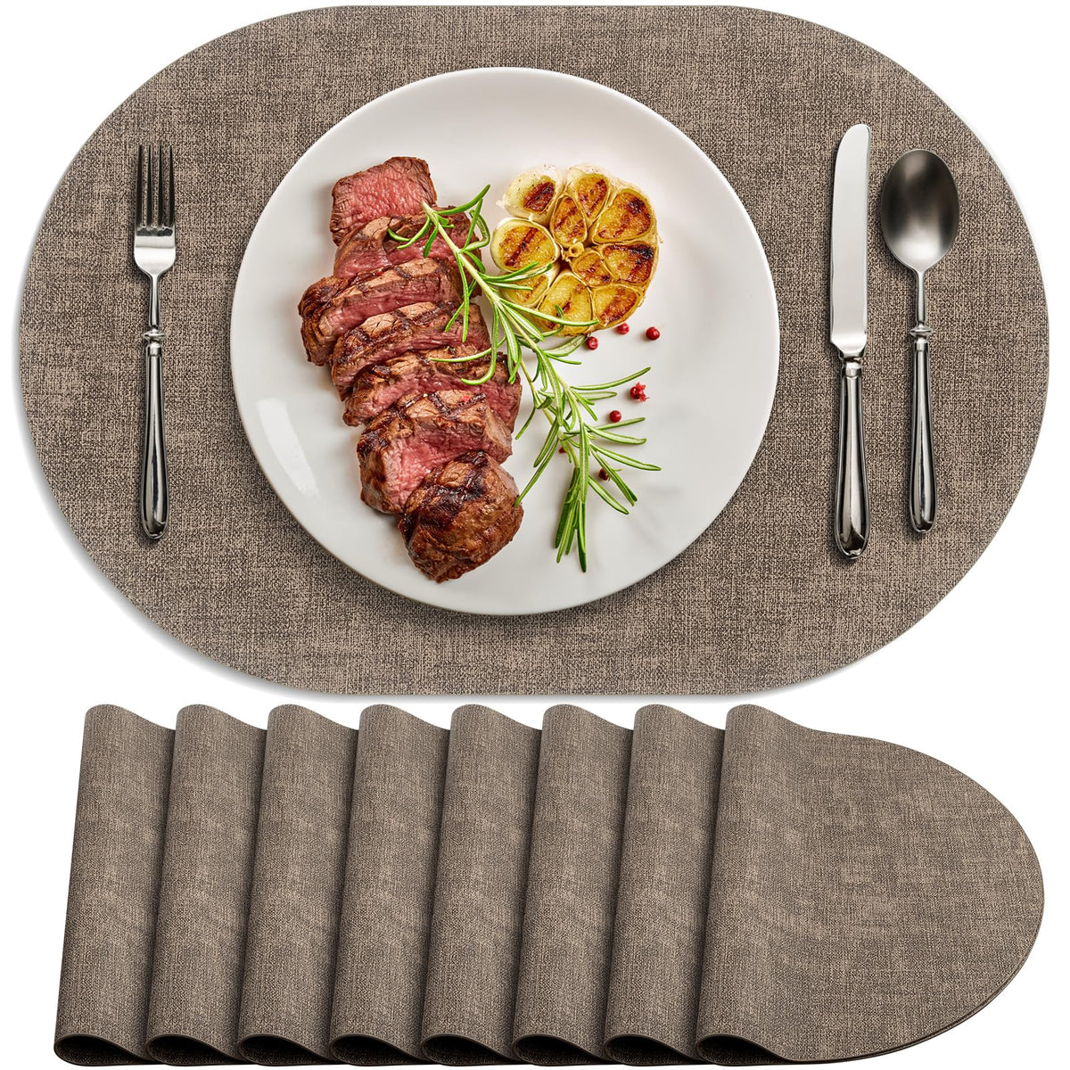 Placemats for Dining Table Set of 8 Non-Slip, Heat Resistant Oval Leather Placemat Double Layer, Waterproof Table Mats Easy to Clean for Kitchen Dining Room Coffee Office Table, Beige
