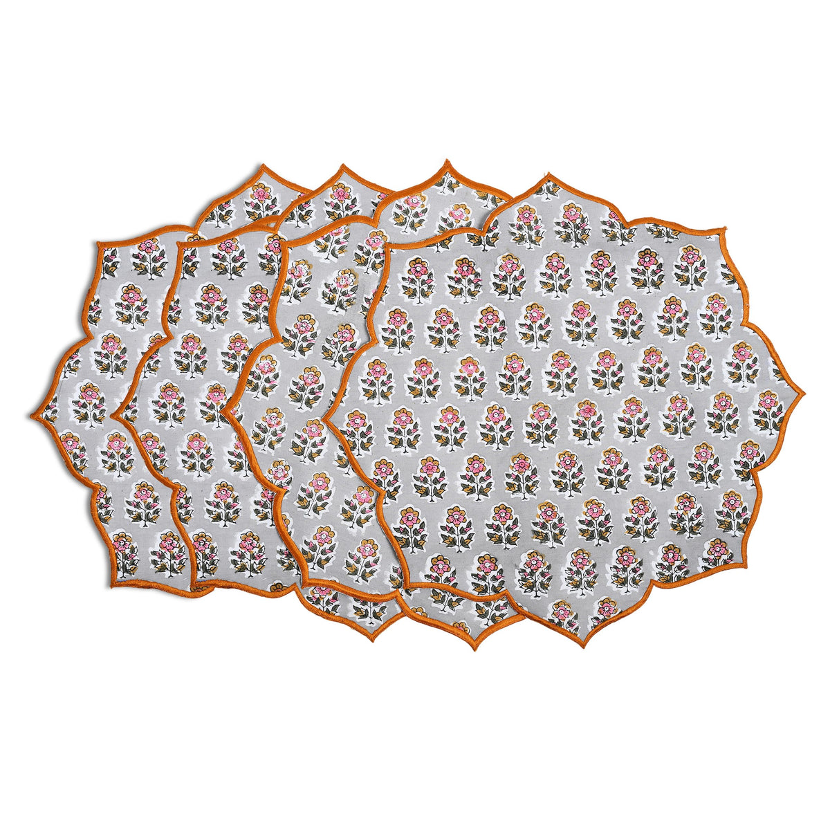 CPC Agate Green Block Print Cotton Floral Placemat 15x15 Inch, Set of 4